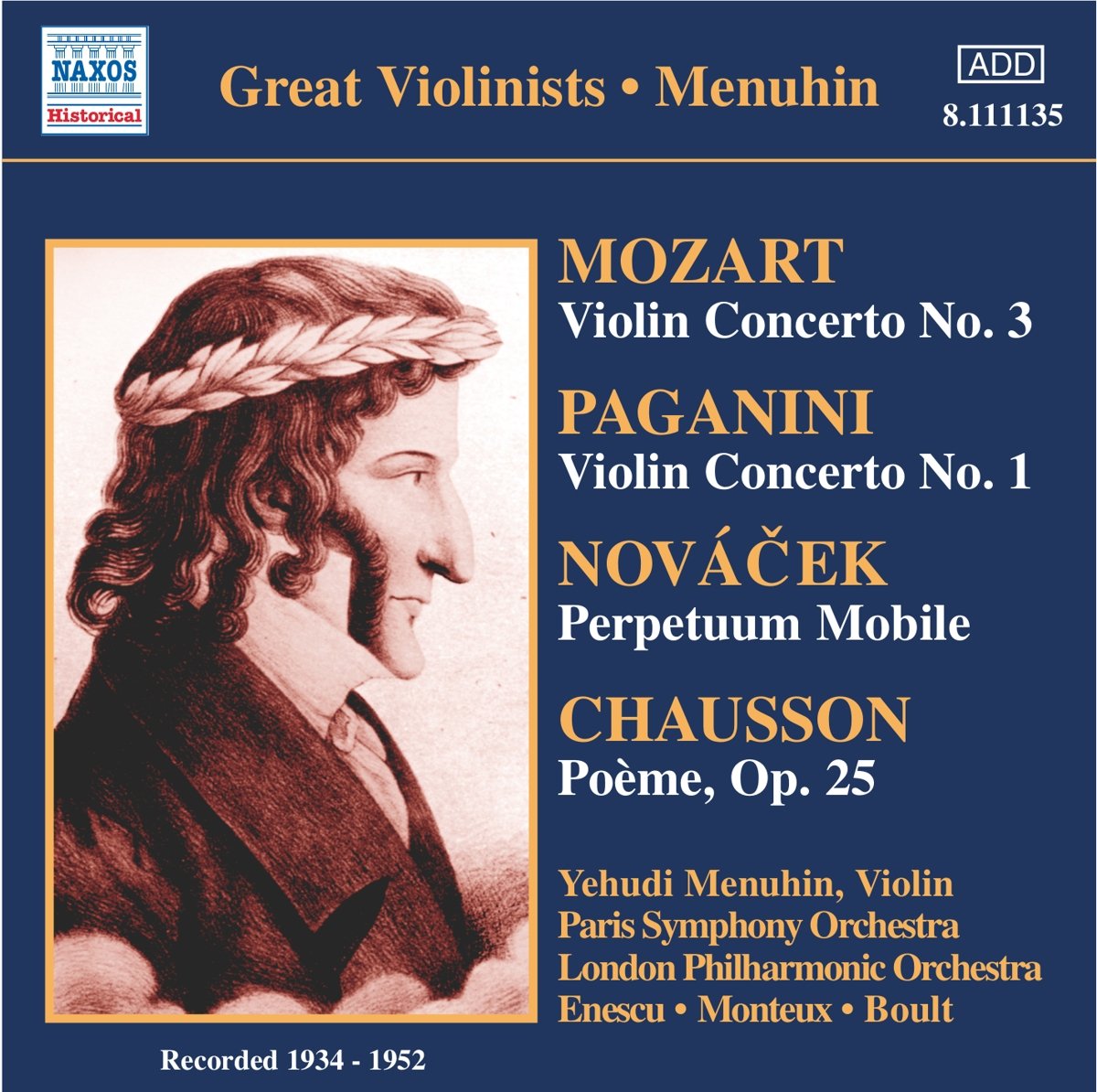 Chausson; Mozart; Novacek; Paganini - Works for Violin and Orchestra - Yehudi Menuhin