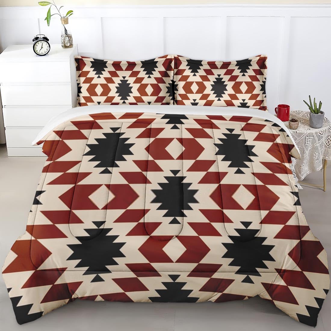 Comforter Set Twin Size, Aztec Southwest Geometric Red Bedding Set for Kids and Adults Bedroom Decor, Vintage Retro Diamond Comforter Set and Pillow Case