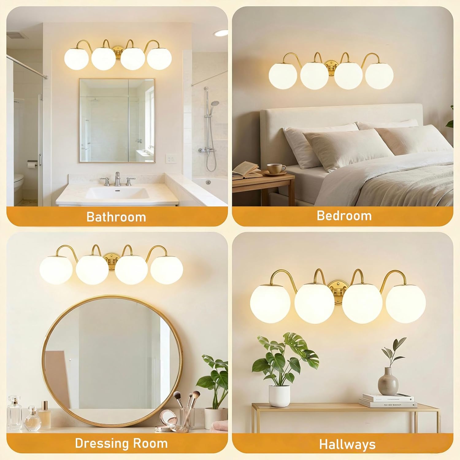 4 Lights Vintage Bathroom Vanity Light Fixtures Over Mirror, Brushed Gold Vanity Lights For Bathroom With Milk White Glass Globe Shade, Wall Lights For Bedroom, Hallway, Dressing Table(G9 Incl.)