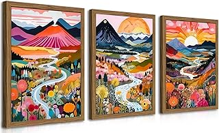 Wood Frame Boho Colorful Wall Art, Set of 3 Abstract Watercolor Mountain...
