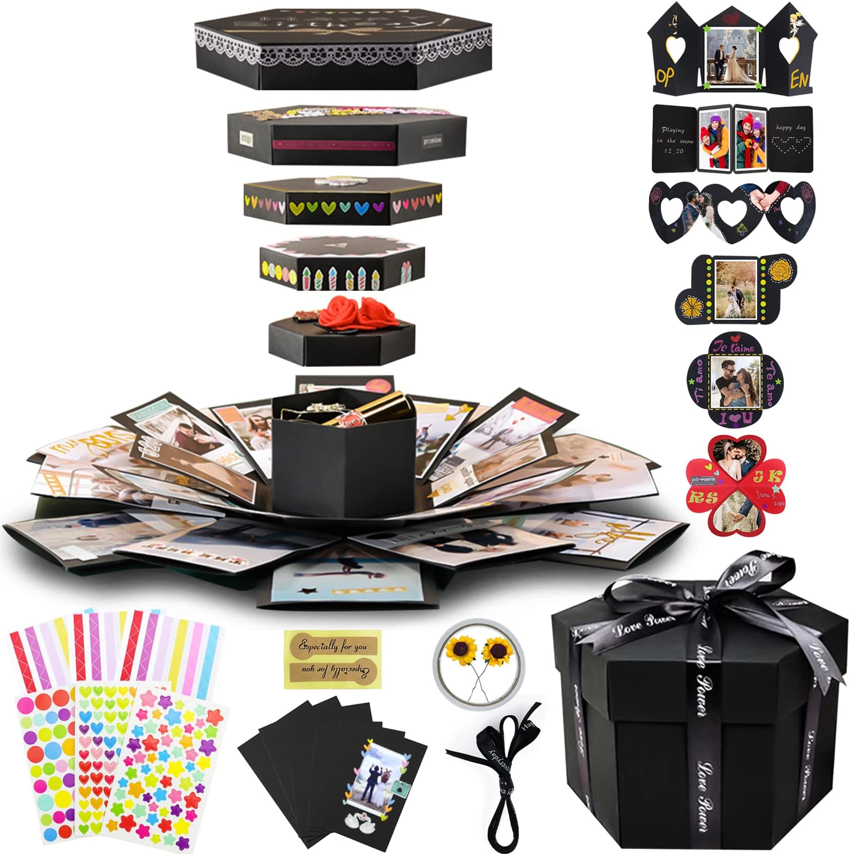 Vienrose Explosion Gift Box Set Surprise Gift Photo Box Creative DIY Scrapbooking Picture Album Accessories Couple Gifts for Birthday Proposals Valentine's Day 01Black Unassembled