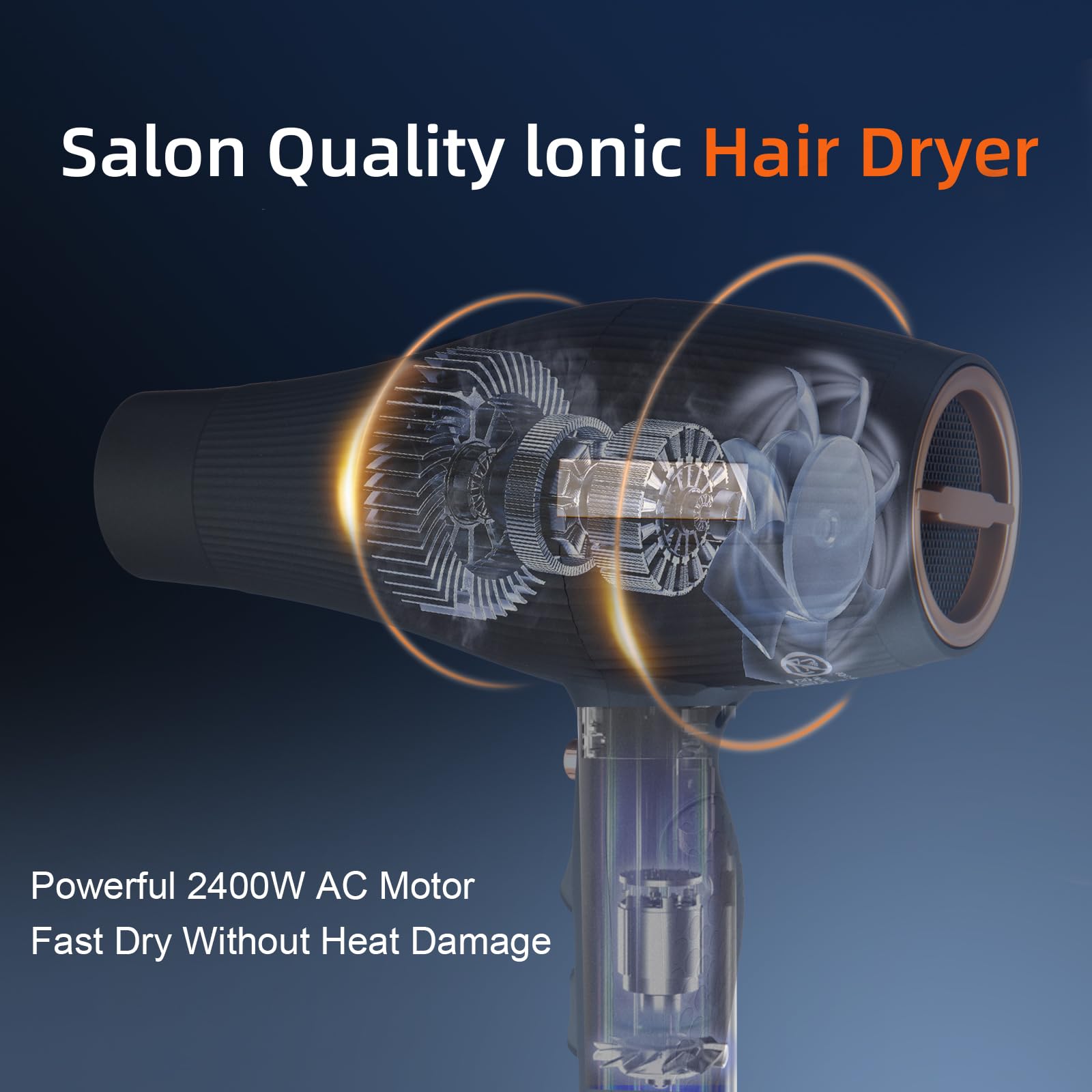 Secador de pelo secador de pelo iónico 2400 W, 2 velocidades, 3 ajustes de calor, 2 concentradores con 2 boquillas concentradas, 1 difusor, 1 cabezal de peine para salón de casa (negro)