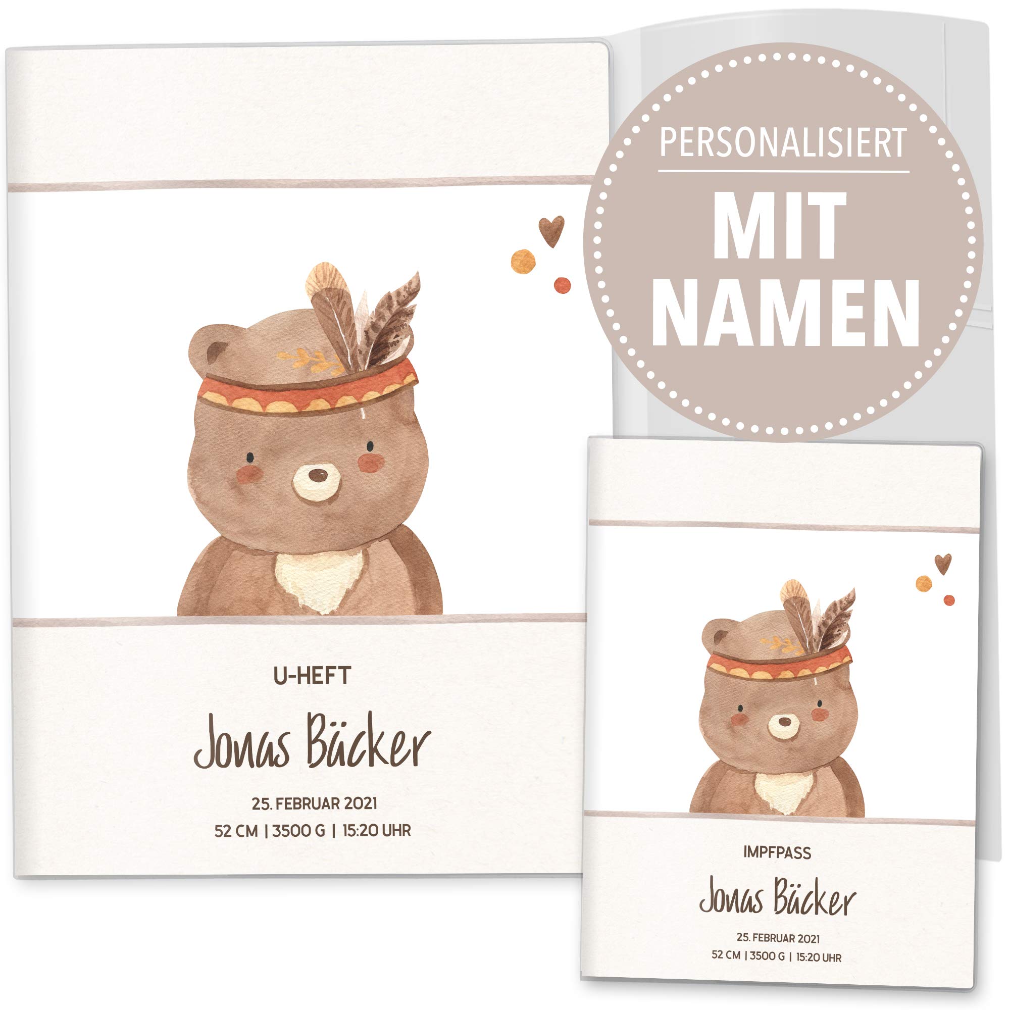 OLGS U-Heft und Impfpasshüllen Set 3-teilig Indianer Freunde Bär | Untersuchungsheft Hülle & Impfpasshülle, Babygeschenk zur Geburt mit Namen, Geburtsdatum - Impfpass, Uhefthülle personalisiert