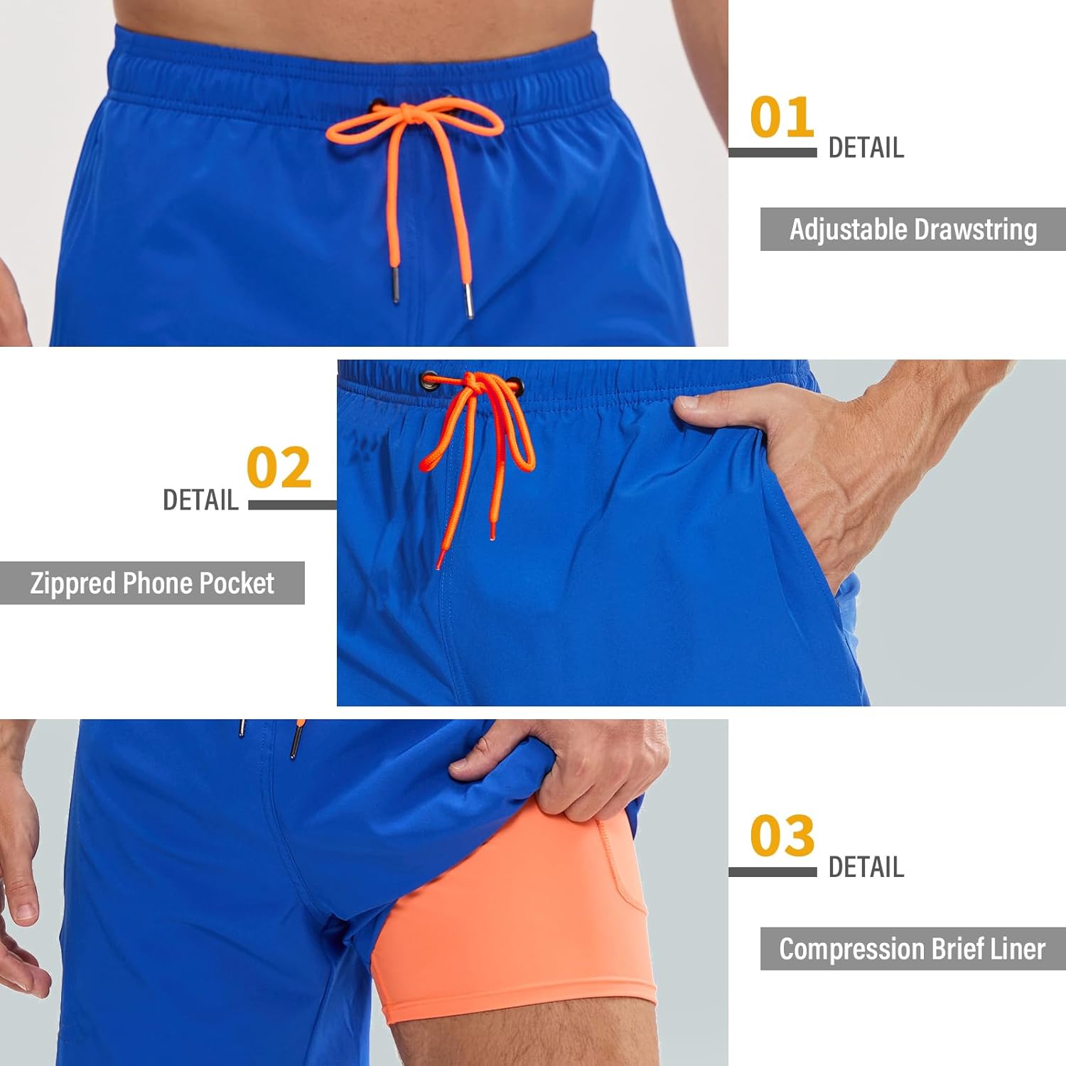 Mens Swim Trunks Compression Liner No Mesh Anti Chafe Swimming Trunks Men Quick Dry Above Knee Zipper Pocket Swim Shorts