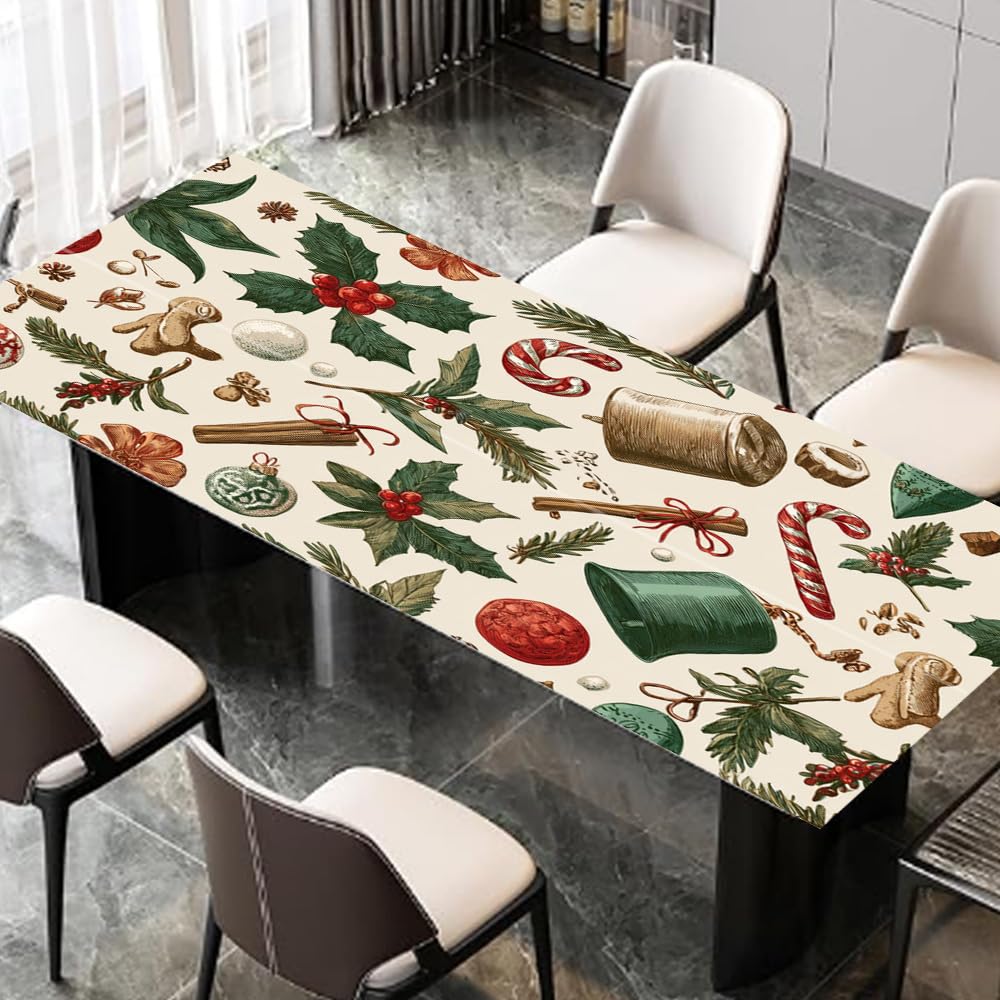Vintage Christmas Icons Desktop Sticker 39.37x23.62In, Hand Drawn Holiday Pattern Desk Decal, Easy Clean Table Surface Sticker, Cozy Home Office Decor