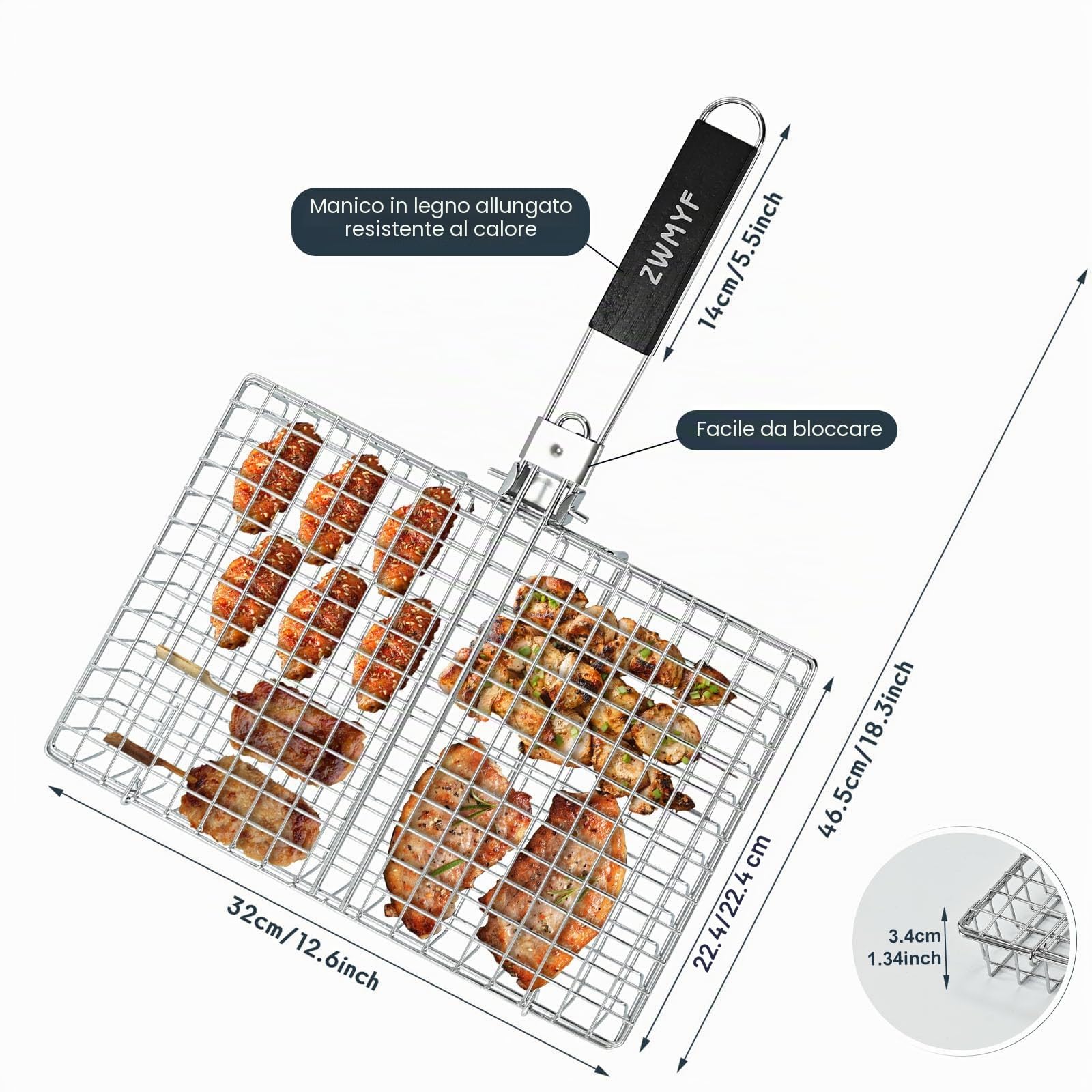 Robusto cestino per barbecue in acciaio inox per campeggio e barbecue: griglia pieghevole portatile con manico rimovibile, rete antiaderente per pesce, verdure, gamberetti, hamburger e altro