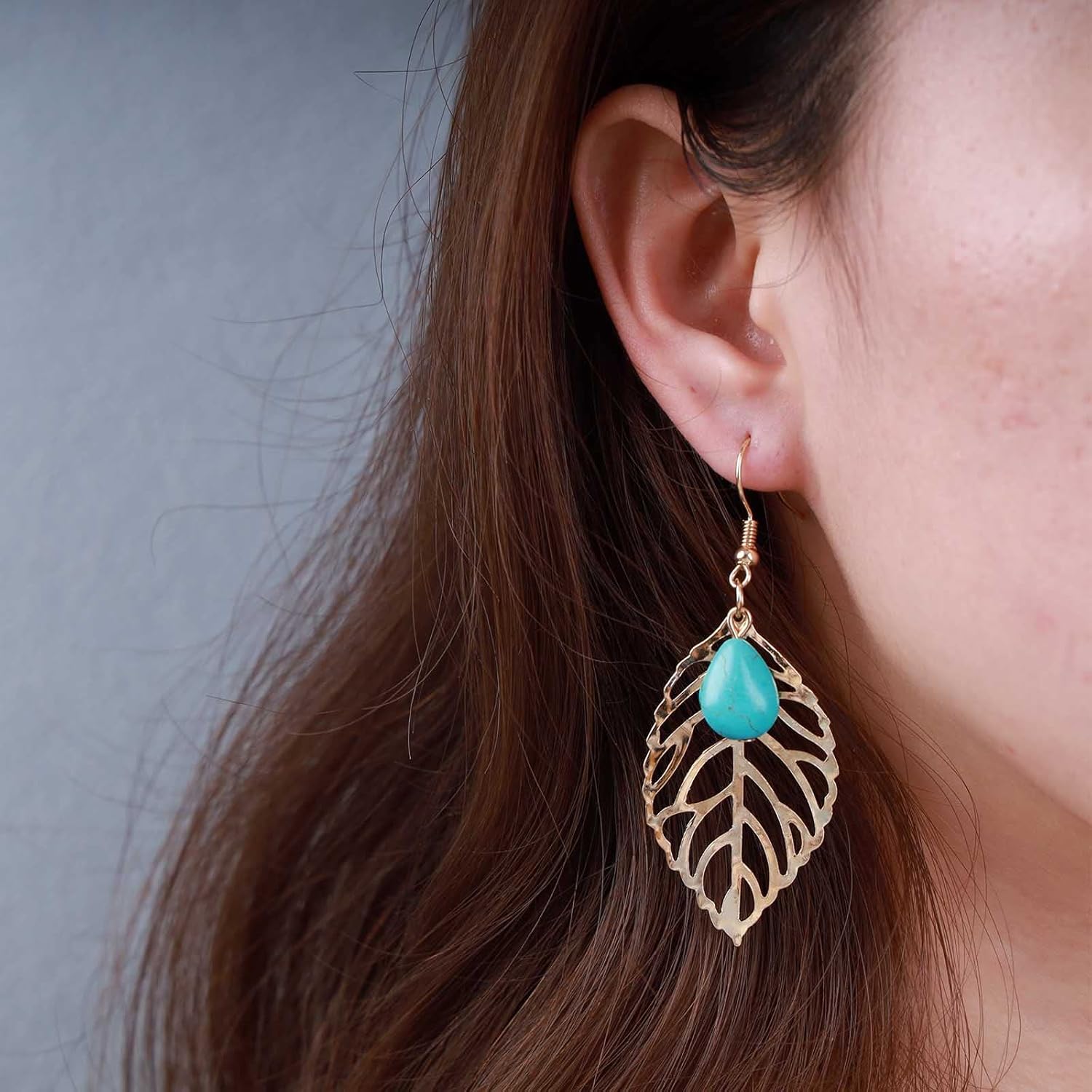 YienDoo Boho Turquoise Teardrop Drop Dangle Earrings Big Gold Leaf Drop Earrings Vintage Ethnic Turquoise Stone Hook Earrings Statement Hollow Leaf Dangle Earrings Jewelry for Women - Image 2