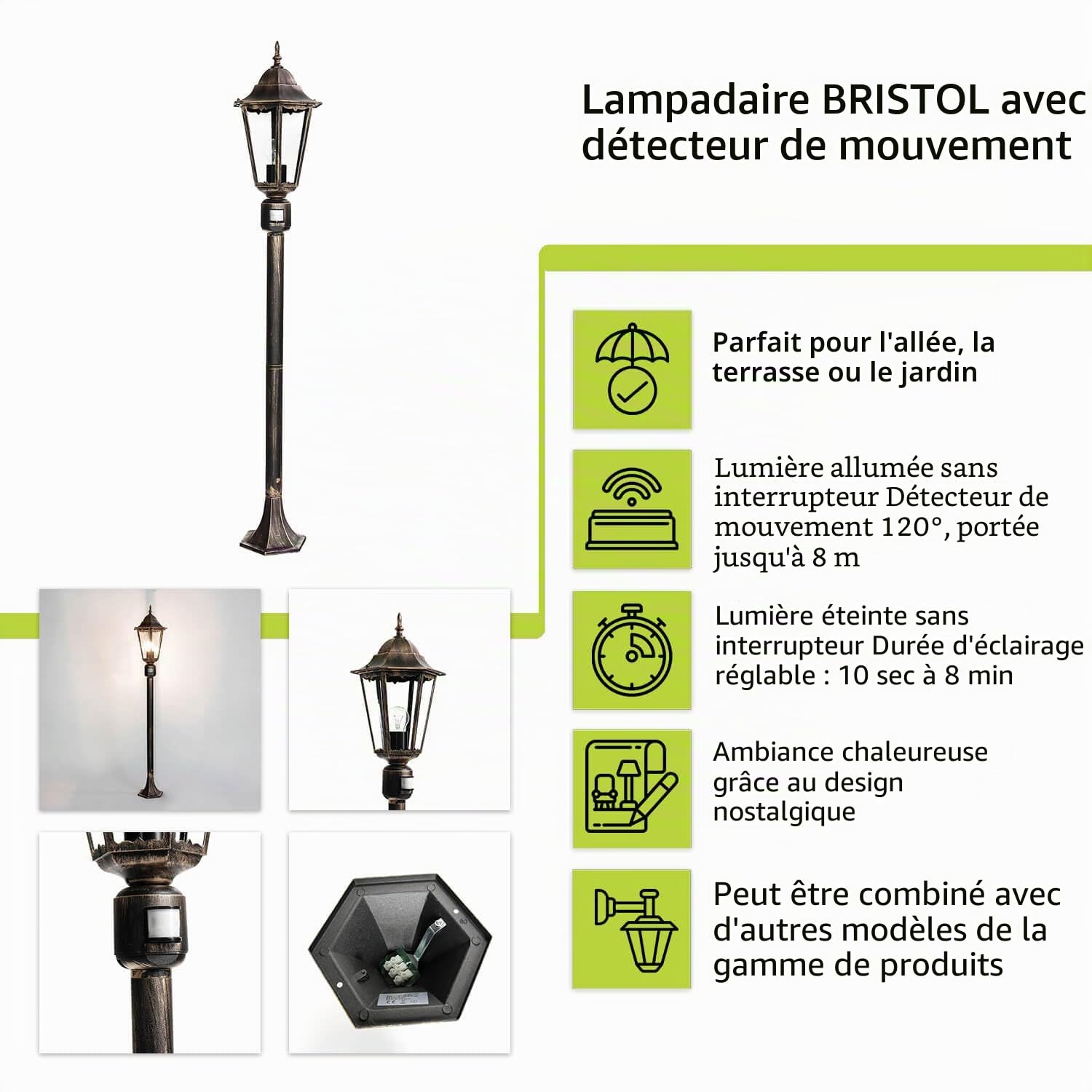 Licht-Erlebnisse Lampadaire de jardin avec détecteur de mouvement en aluminium et verre noir-cuivre IP44 H:112,5 cm E27 Lanterne Rustique mât extérieur BRISTOL