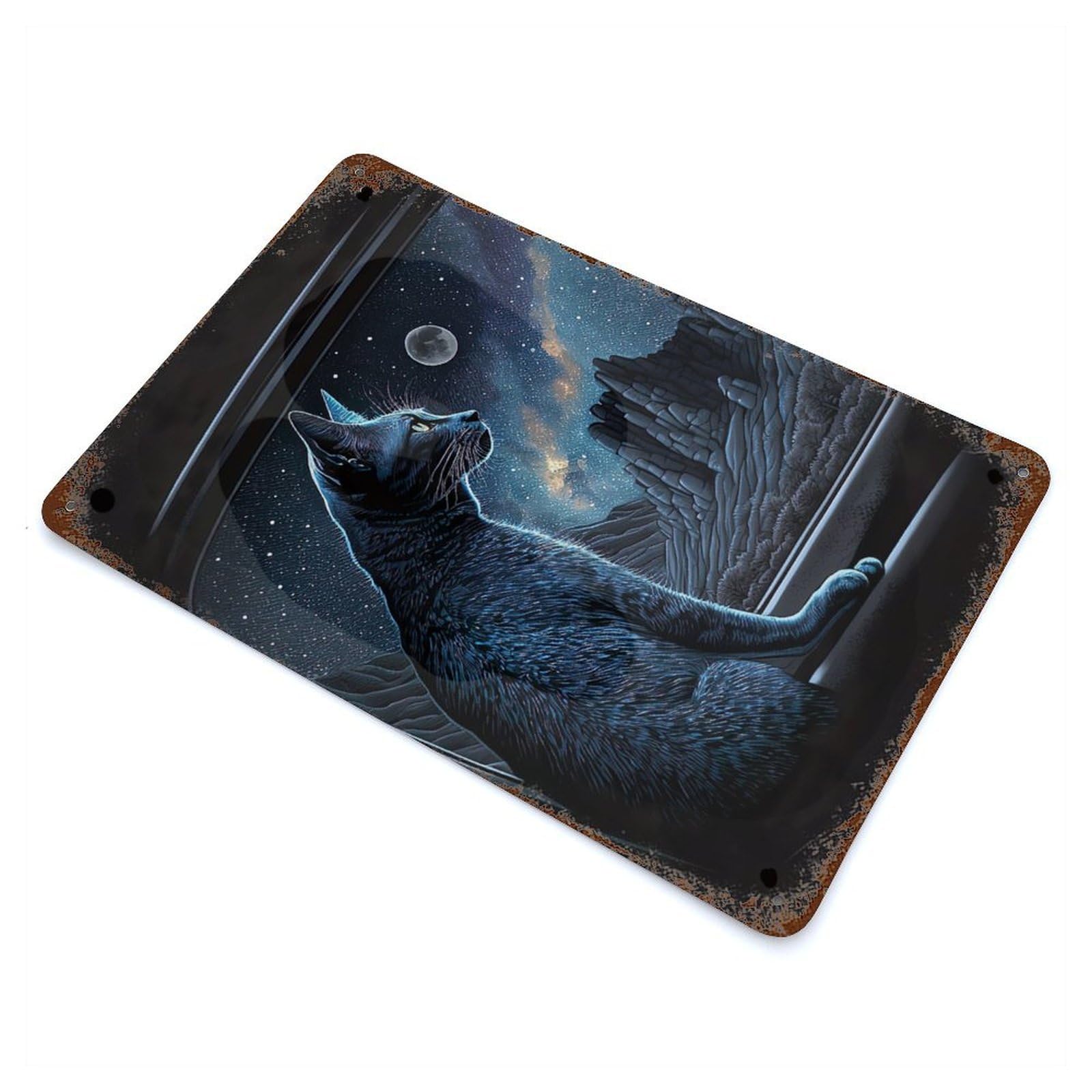 Moonlight Cat Painting Decorative Tin Sign 11.8"x7.9", for Bistro, Counter And Cafe Decor, Retro Wall Decor