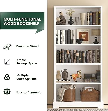 TVU 5 Tiers Wooden Bookshelf, 65.2 Tall Farmhouse Style Open Bookcase, 31.5 Wide Standing Book Shelf with Storage for Study Room, Living Room, White