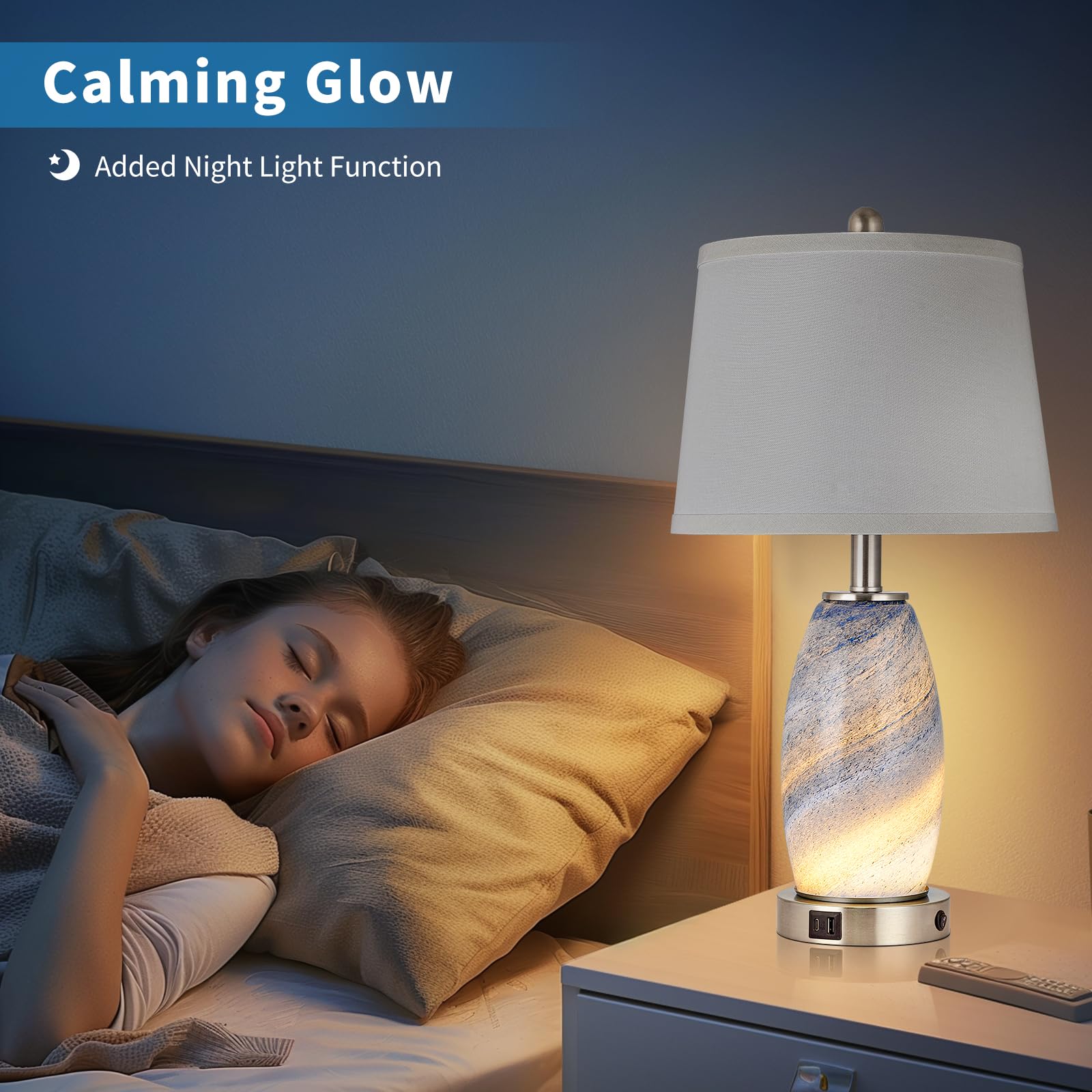 Lovlast Blaue Lampen 2er Set für Schlafzimmer & Nachttisch mit 3-Wege-Beleuchtungsmodi & USB C+A - Moderner Stil Glas Nachttisch Tischlampen für Wohnzimmer & Schlafzimmer Dekoration (59.7 cm H)