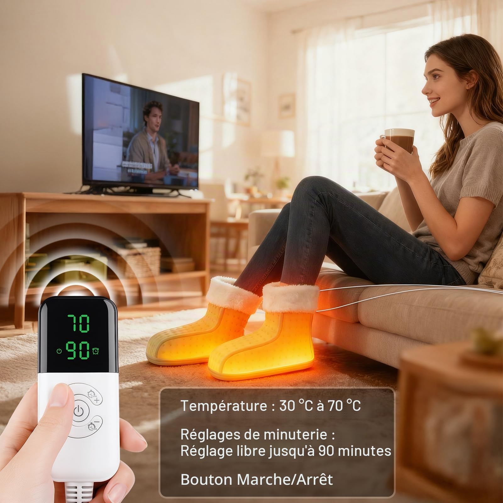 Chauffe-Pieds Électrique, Séparé Chausson Chauffant Electrique avec doublure intérieure lavable, 30℃-70℃ température réglables, 90 minutes Minuteries intelligente, Lavable en Machine