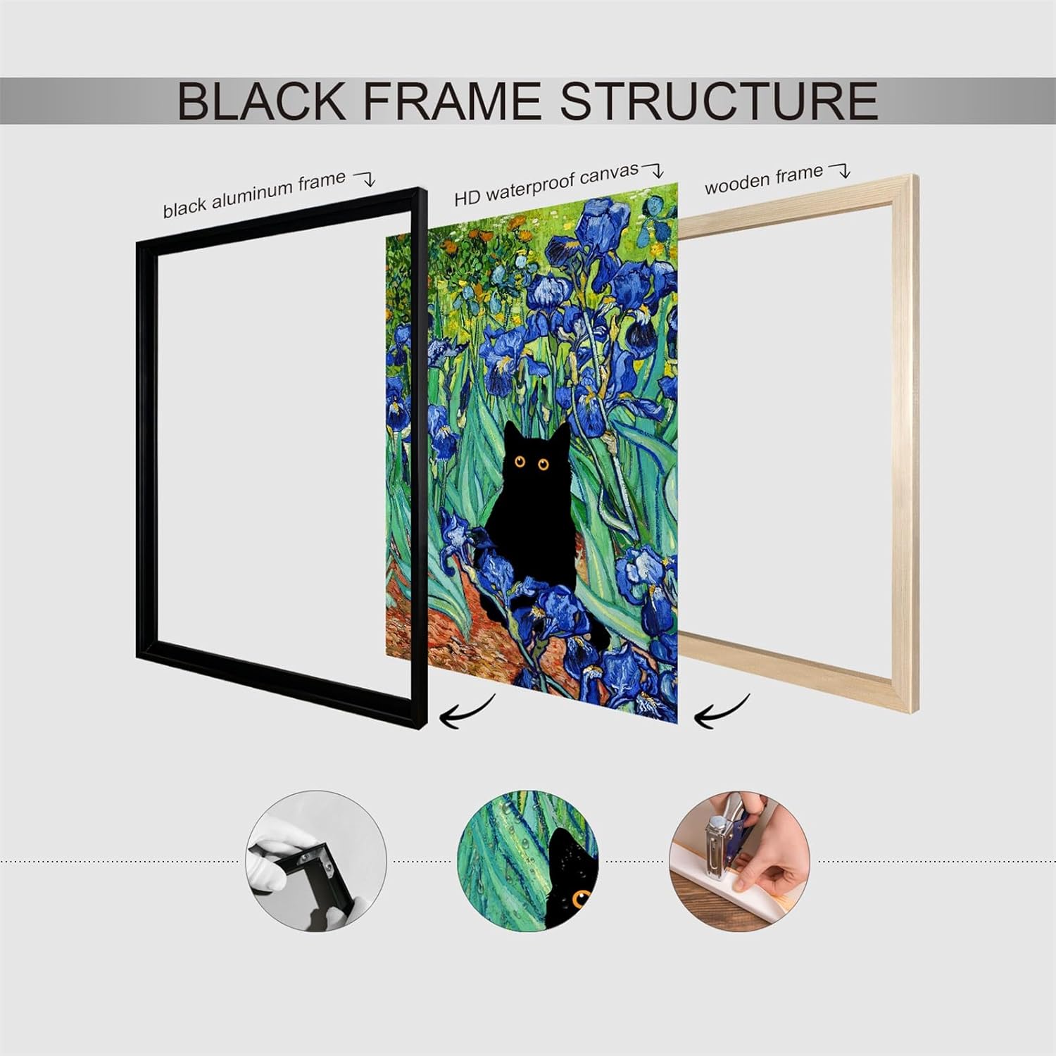 Black Framed Art Van Gogh Irises Canvas Wall Art Famous Oil Paintings Garden Flower Black Cat Poster Funny Cat Floral Print Colorful Abstract Farmhouse Gallery Aesthetic Room Wall Decor for Bathroom 24x36in Framed
