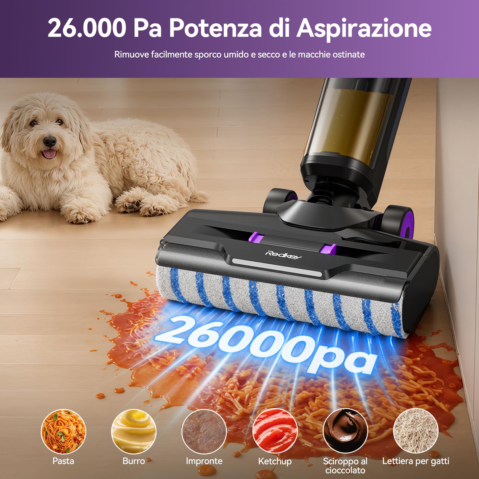 Redkey W15 Aspirapolvere e Lavapavimenti Senza Fili, 26.000 Pa Autopulizia e Lavaggio, 910ml Doppio Serbatoio, 3 Modalità, Autonomia Lunga, Display LED, 3 in 1Aspirapolvere Senza Fili Lavapavimenti