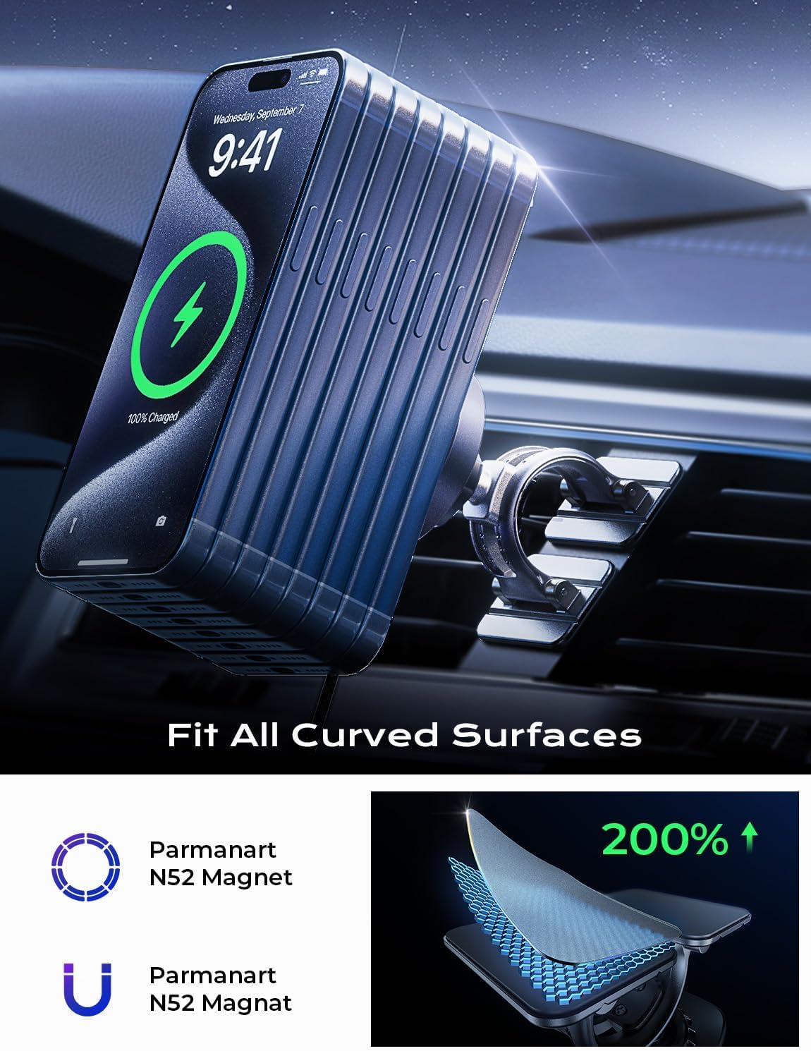 LISEN 15W MagSafe Car Mount Charger Phone 18, [Carbon Fiber] Magnetic Wireless Car Charger, Dashboard & Air Vent Car Phone Holder Mount Magnetic Universal for iPhone 17/16/15/14/13/12, Samsung Pixel view 7