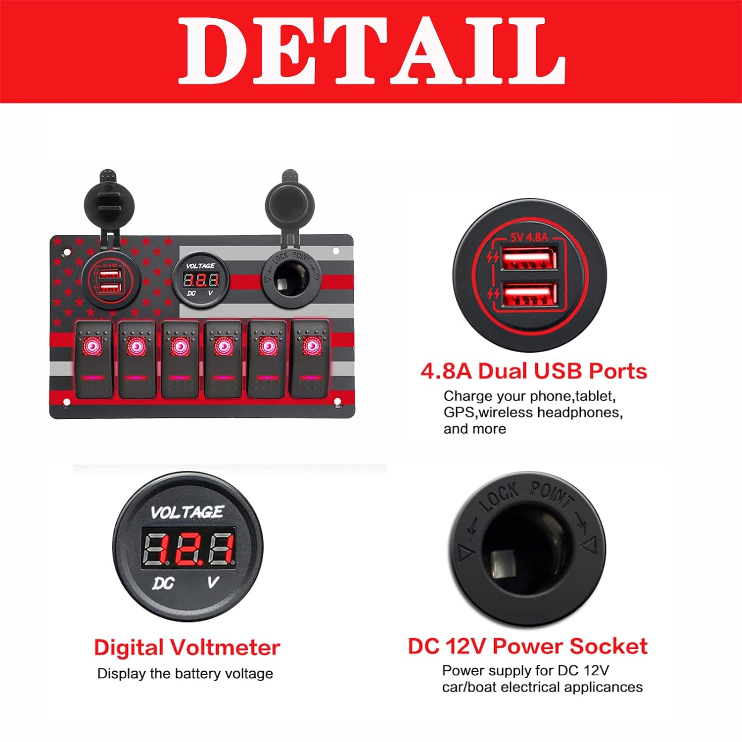 Jamgoer 6 Gang Rocker Switch Panel,Waterproof Marine Switch Panel LED 5 Pin ON/Off Switch Panel with 5V/4.8A Dual USB Charger +Digital Voltmeter+ Power Socket for Marine Boat Car Rv Vehicles (Red)