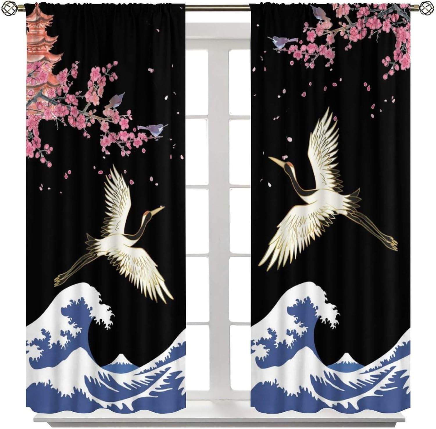 Japanese Style Cranes Curtain Asian Waves Traditional Chinese Cherry Blossom Printed Window Treatment for Living Room Bedroom Kitchen Drapes Rod Pocket Blackout Curtains 42x45 Inch