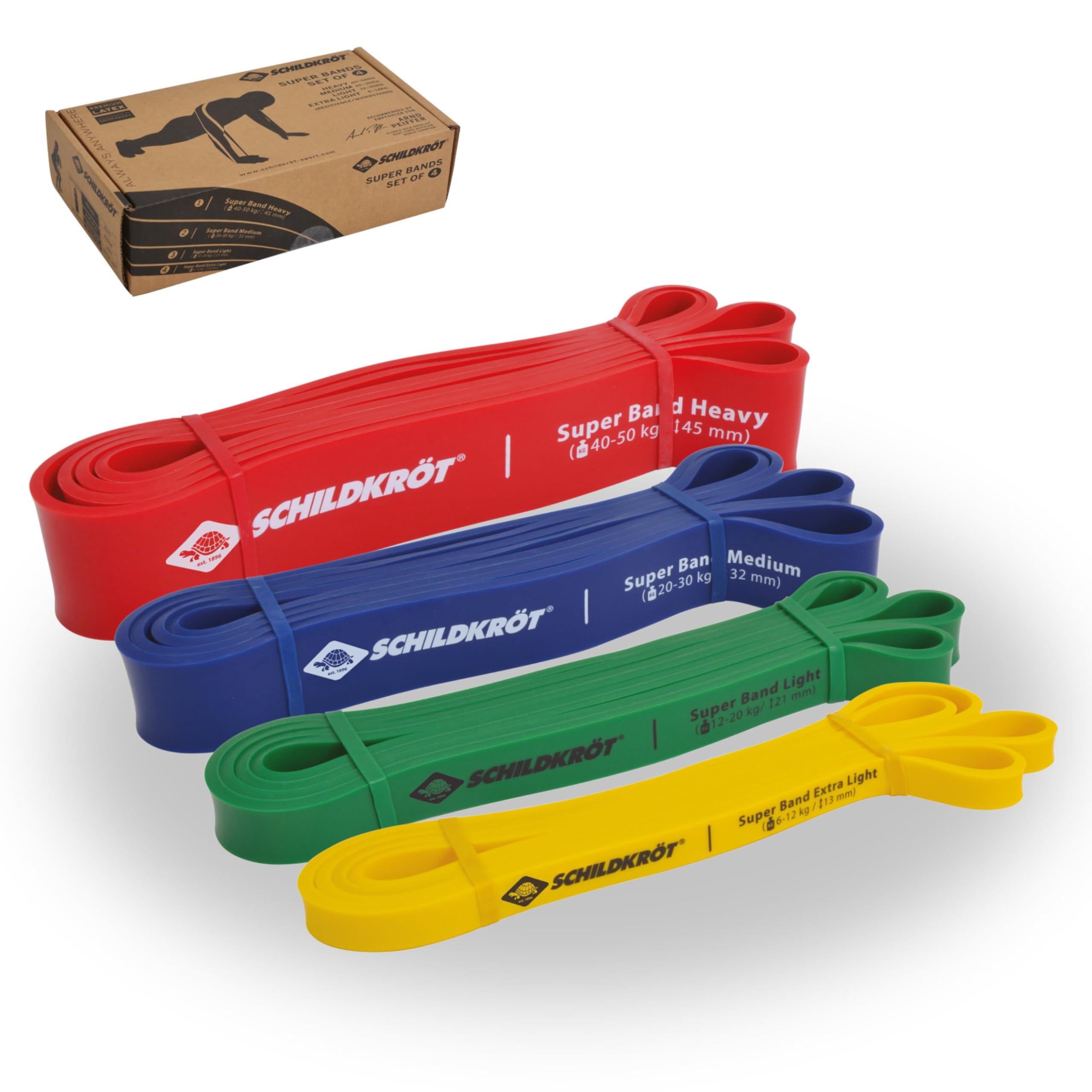 Schildkröt Fitness Set of 4 Super Bands, Premium Resistance Bands with 4 Different Resistance Levels, Mini Versatile Fitness Studio at Home and on the Go, 960229