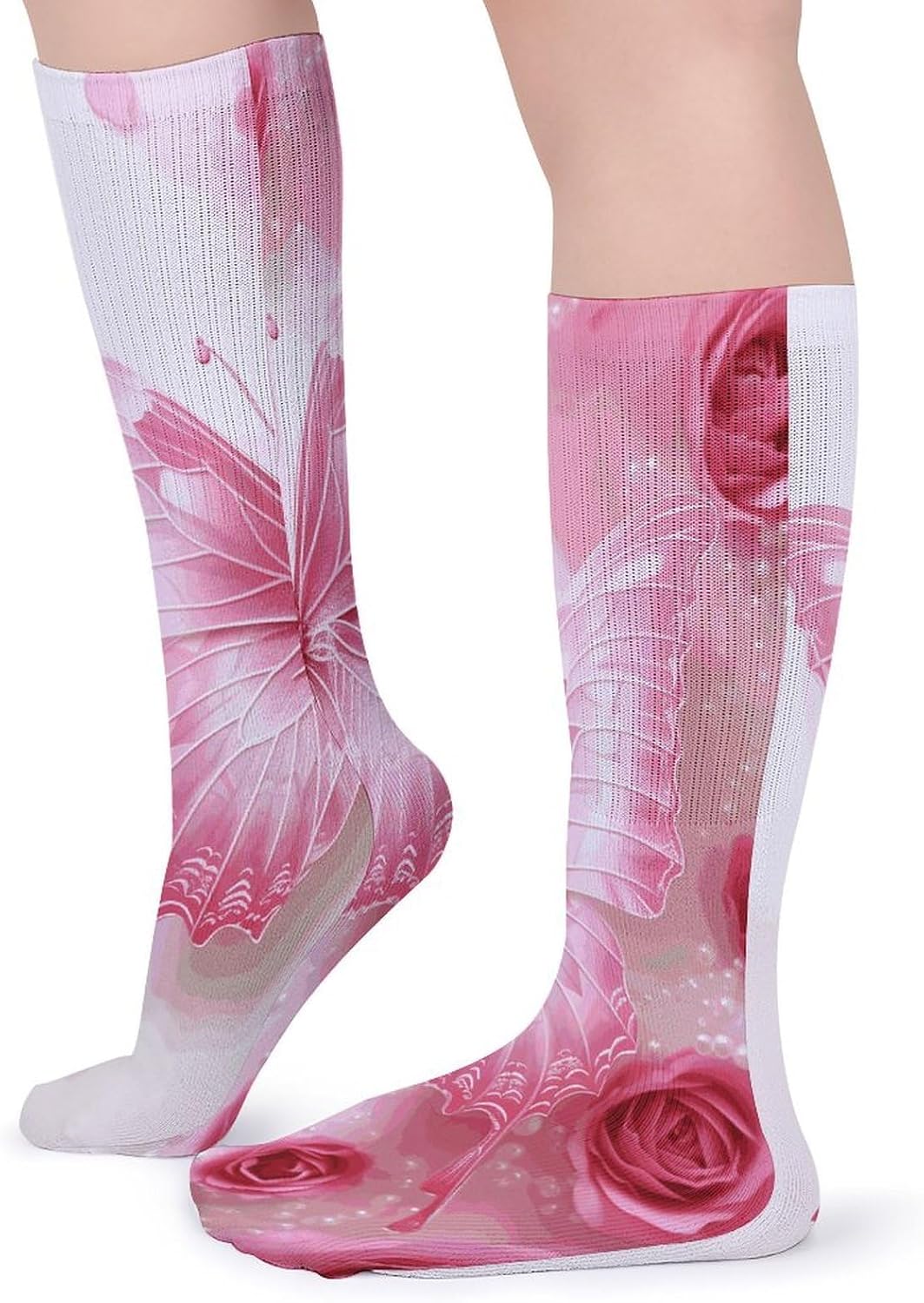 Pink And White Butterfly Knee High Socks Cozy Knee High Socks Soft Mid-Length Sock for All Seasons Daily Wear Adult