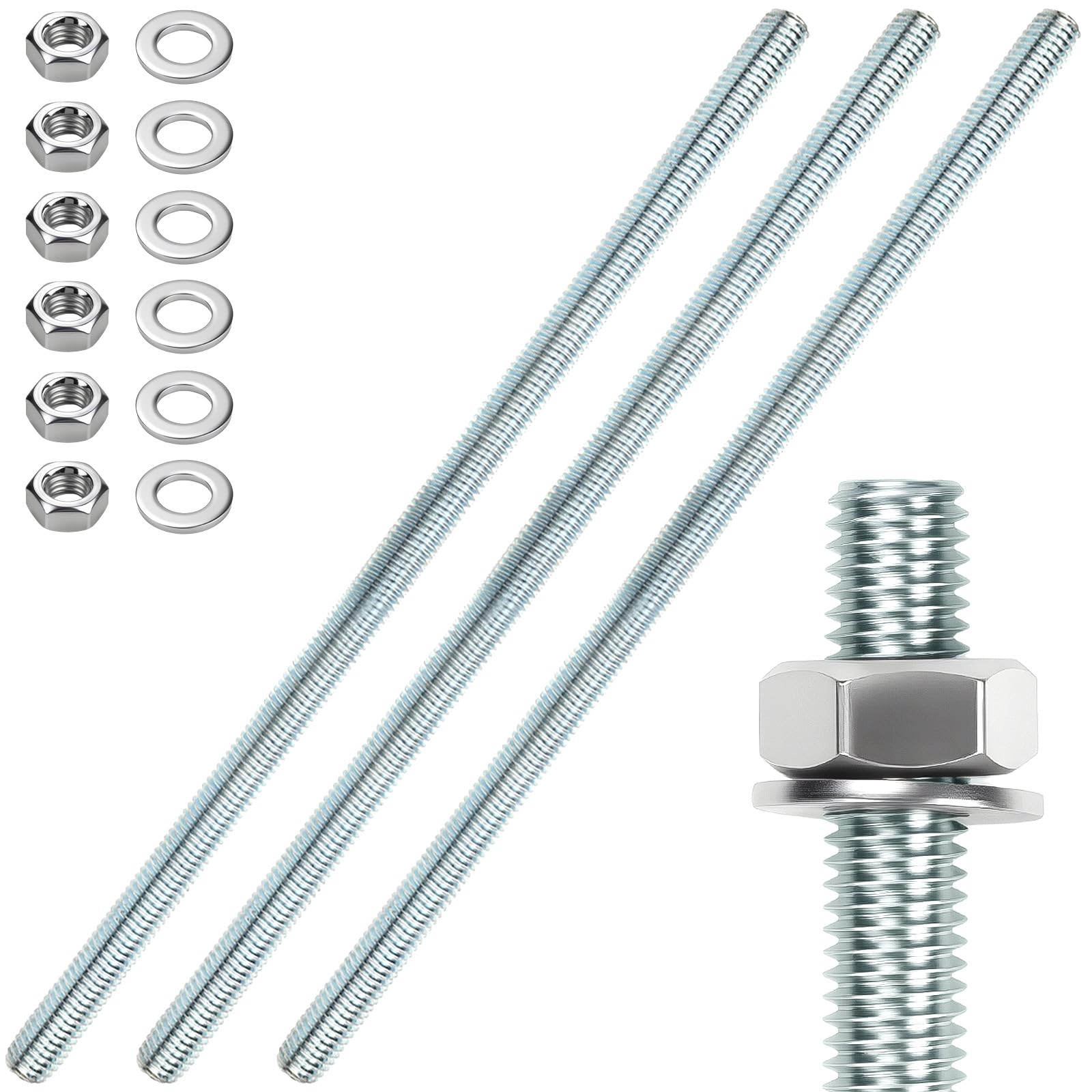 Pack of 2 Threaded Rods M16 Threaded Rods M16 x 300 mm Threaded Rod Threaded Bolts Galvanised Steel Grub Screws Blue Zinc Threaded Rods with 4 Pieces Hex Nut 4 Pieces M16 Washers — image 1