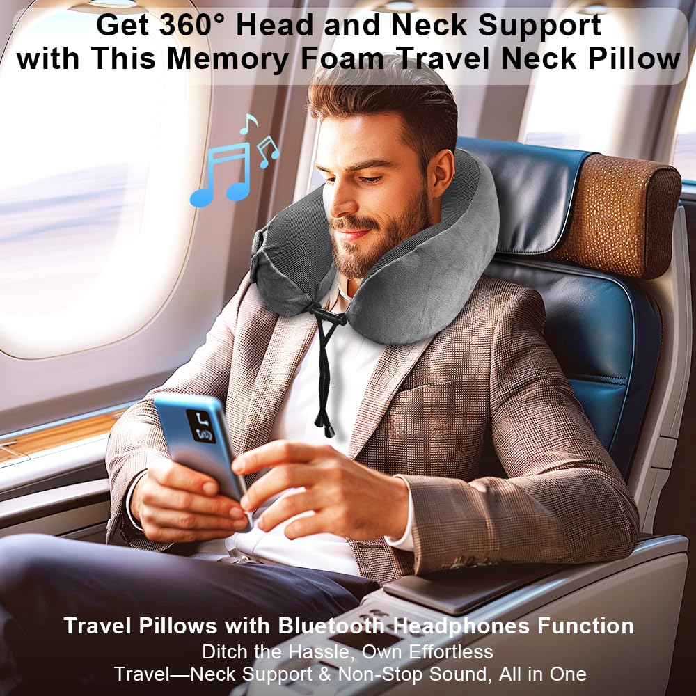 Ateupom Neck Pillow with Bluetooth Headphones Function for Travel, Travel Pillow with Made of Memory Foam, Airplane Pillow, Wireless Headphones with Microphone for Traveling Car Home Office Dark Gray 1