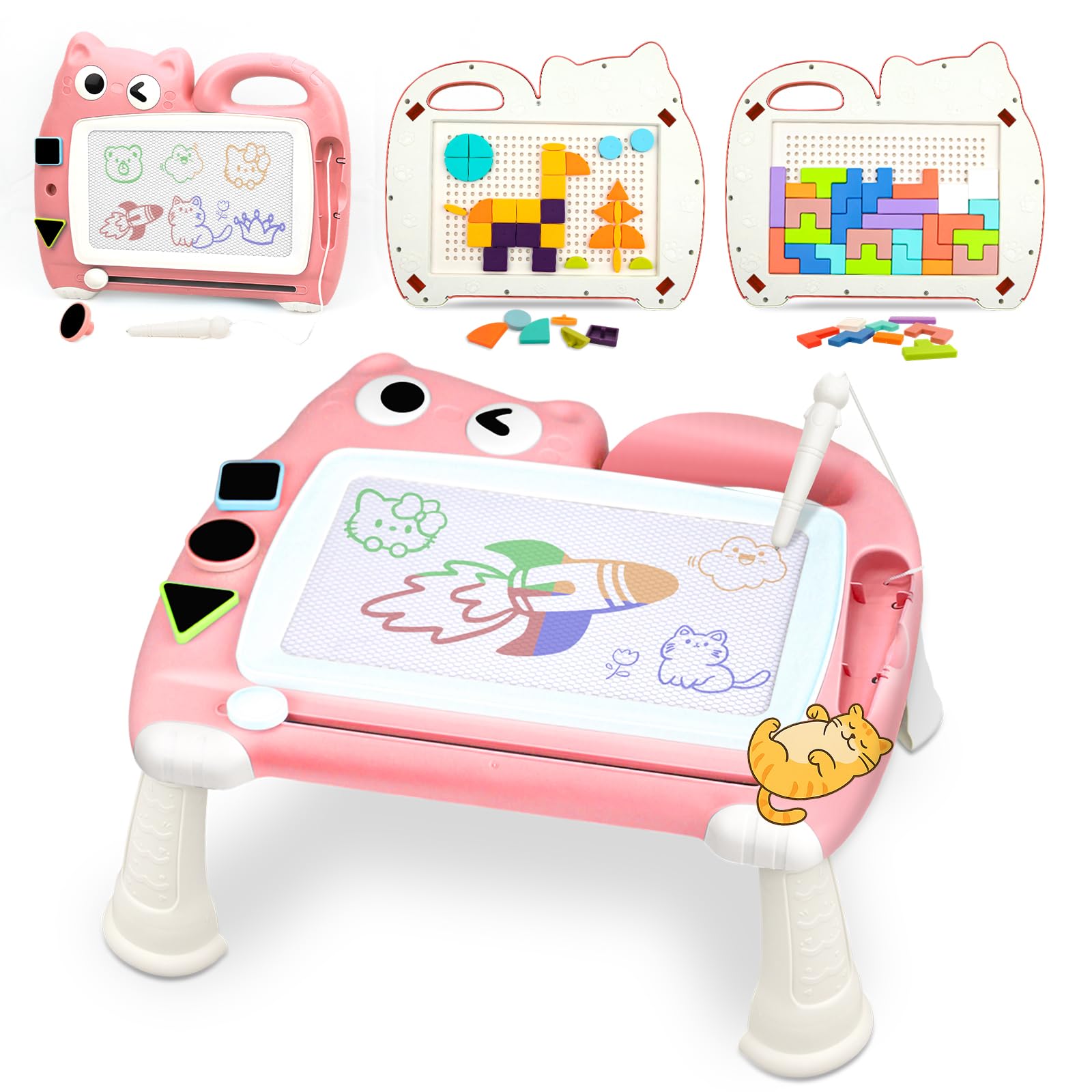 Magnetmaltafel Kinder 8.5 Inch, Zaubermaltafel Tragbar mit 4 Farbzonen, Zaubertafel ohne Staub für Kinder 1-6 Jahre, Mit Magnetstift & Bauklötze(Rosa)