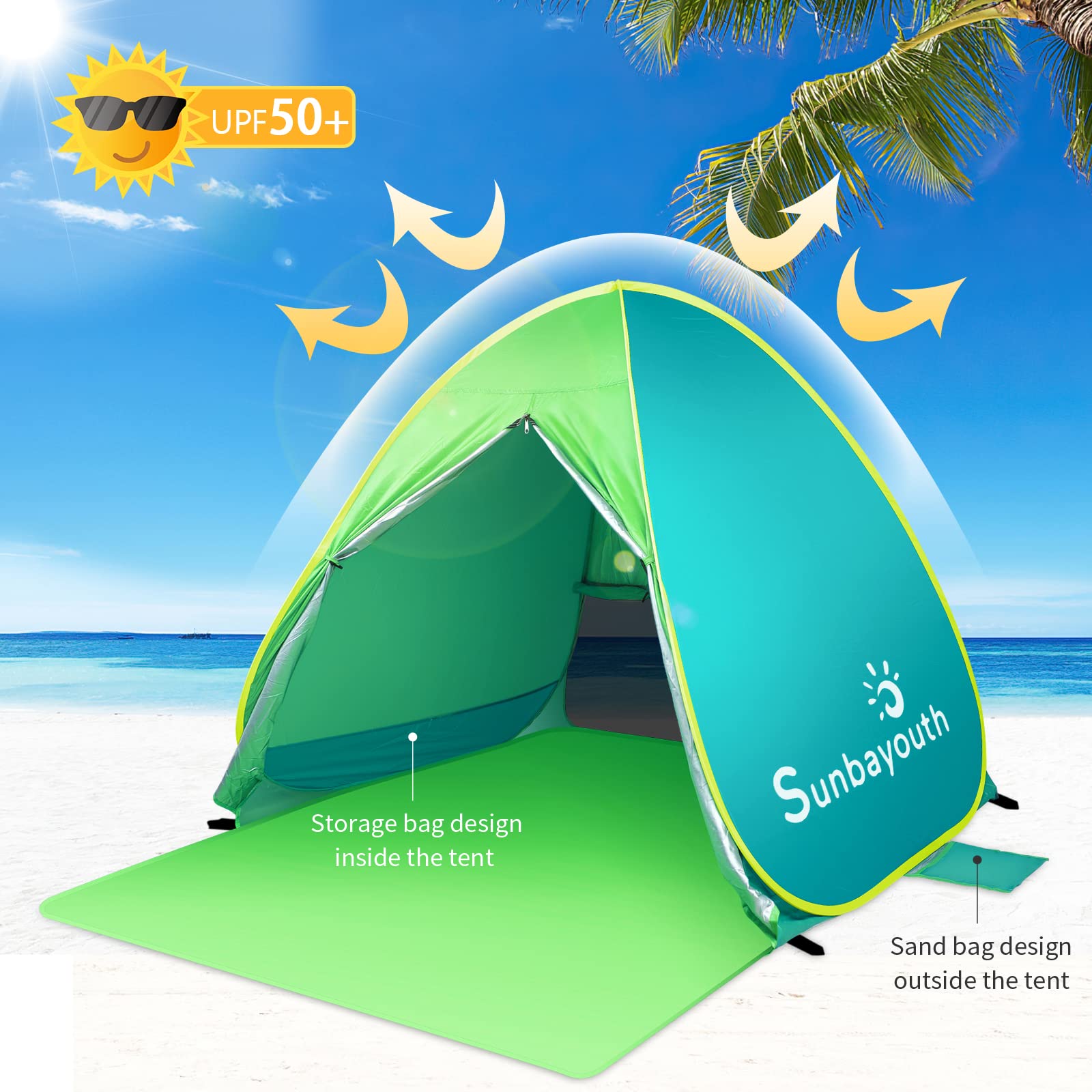 Beach Tent, Sunba Youth Beach Shade, Anti UV Instant Portable Tent Sun Shelter, Pop Up Baby Beach Tent, for 2-3 Person
