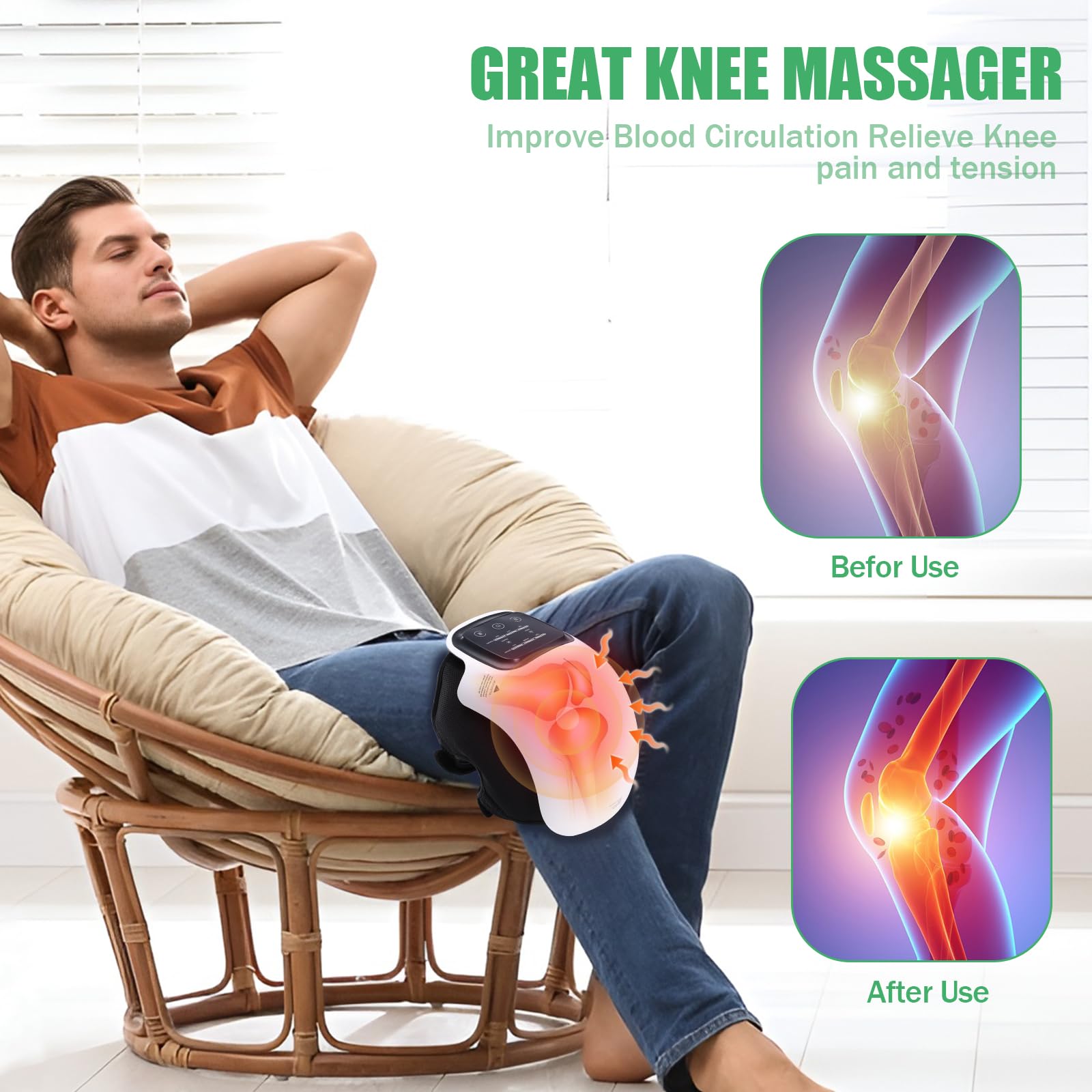 Masseur De Genou Sans Fil Chauffant Infrarouge – Portable Et Rechargeable USB – Neuf