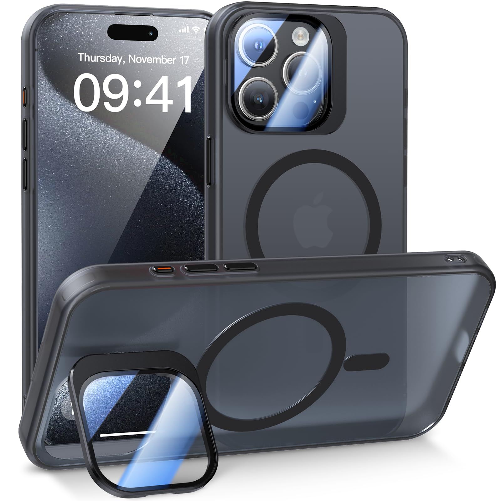Meifigno Window Mag Series for iPhone 15 Pro Max Case - Compatible with MagSafe - Alloy Camera Stand & 9H Tempered Glass - Translucent Matte Phone Case for iPhone 15 ProMax Case 6.7", Black