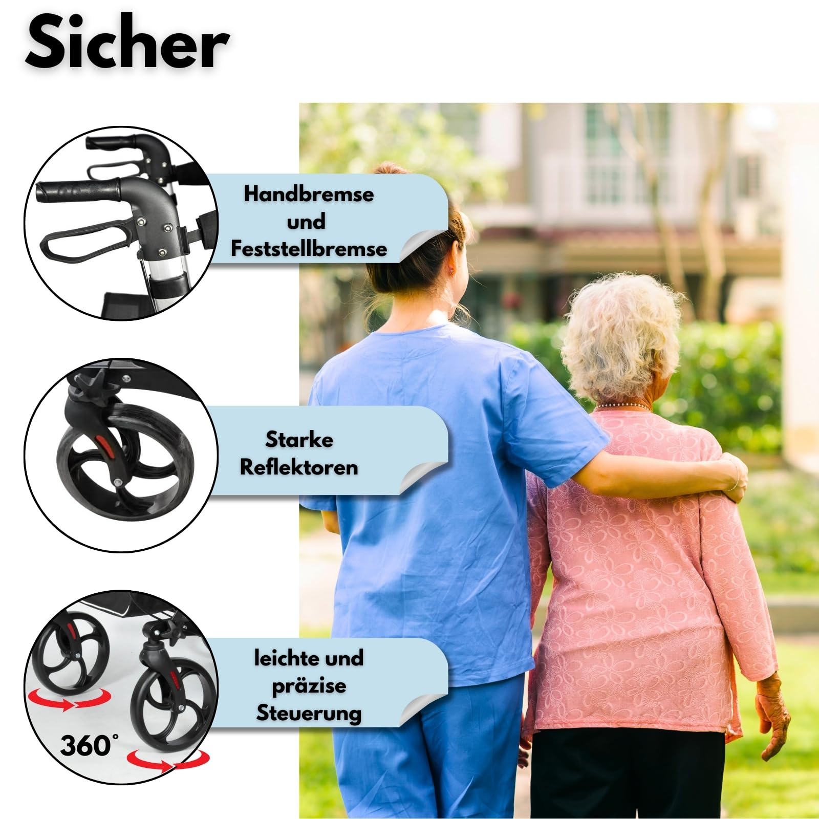 DIVID® Rollator aus Aluminium in 3 Farben 1002 B, Leichtgewicht ideal für Reisen, klappbar, Höhenverstellbar, Gehwagen,Gehhilfe, Praktische Tragetasche, Reflektoren (Schwarz)