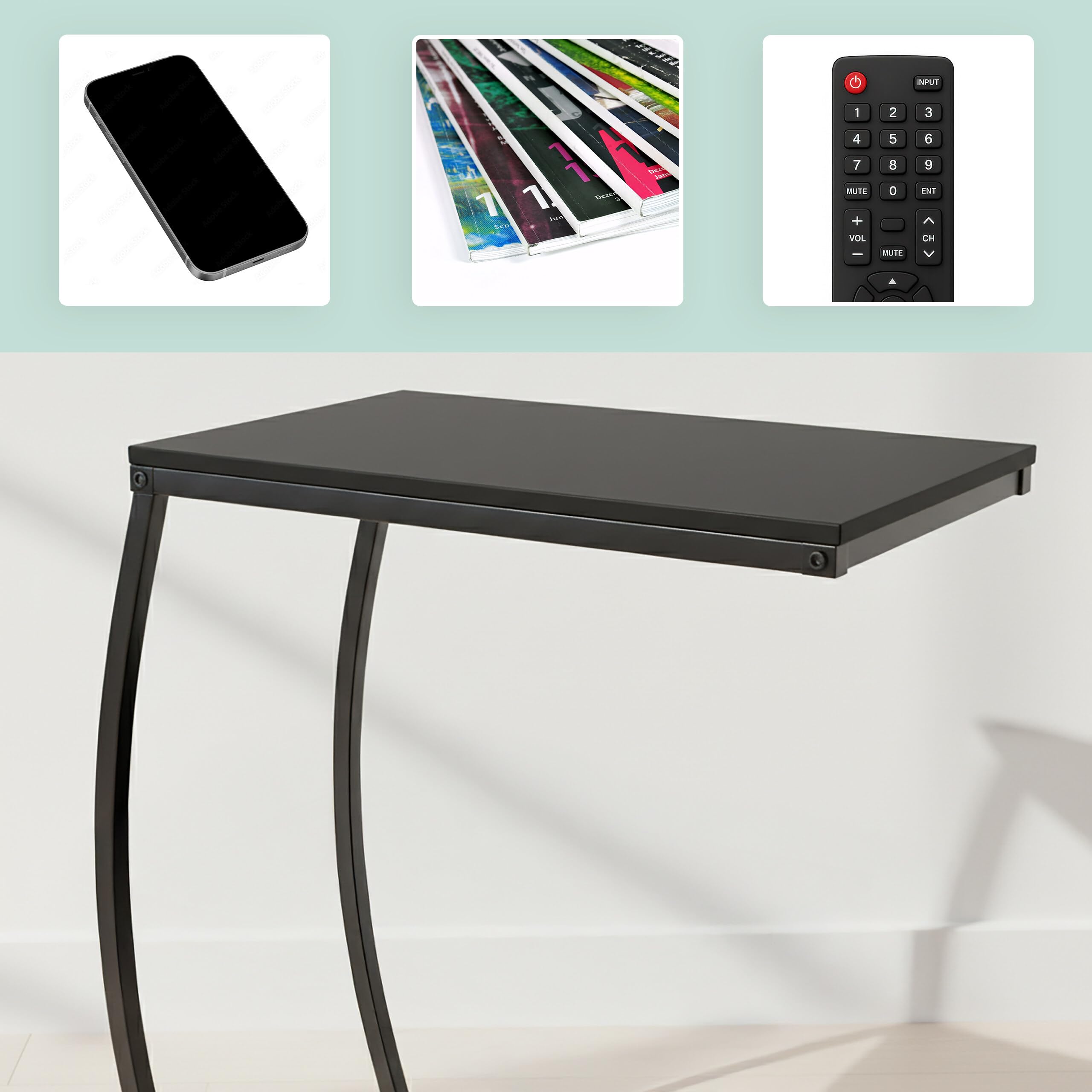 Relaxdays Tavolino da Divano a Forma di C, HLP: 58,5x47,5x25 cm, Tavolo Laterale Salotto e Letto, Ferro e MDF, Nero