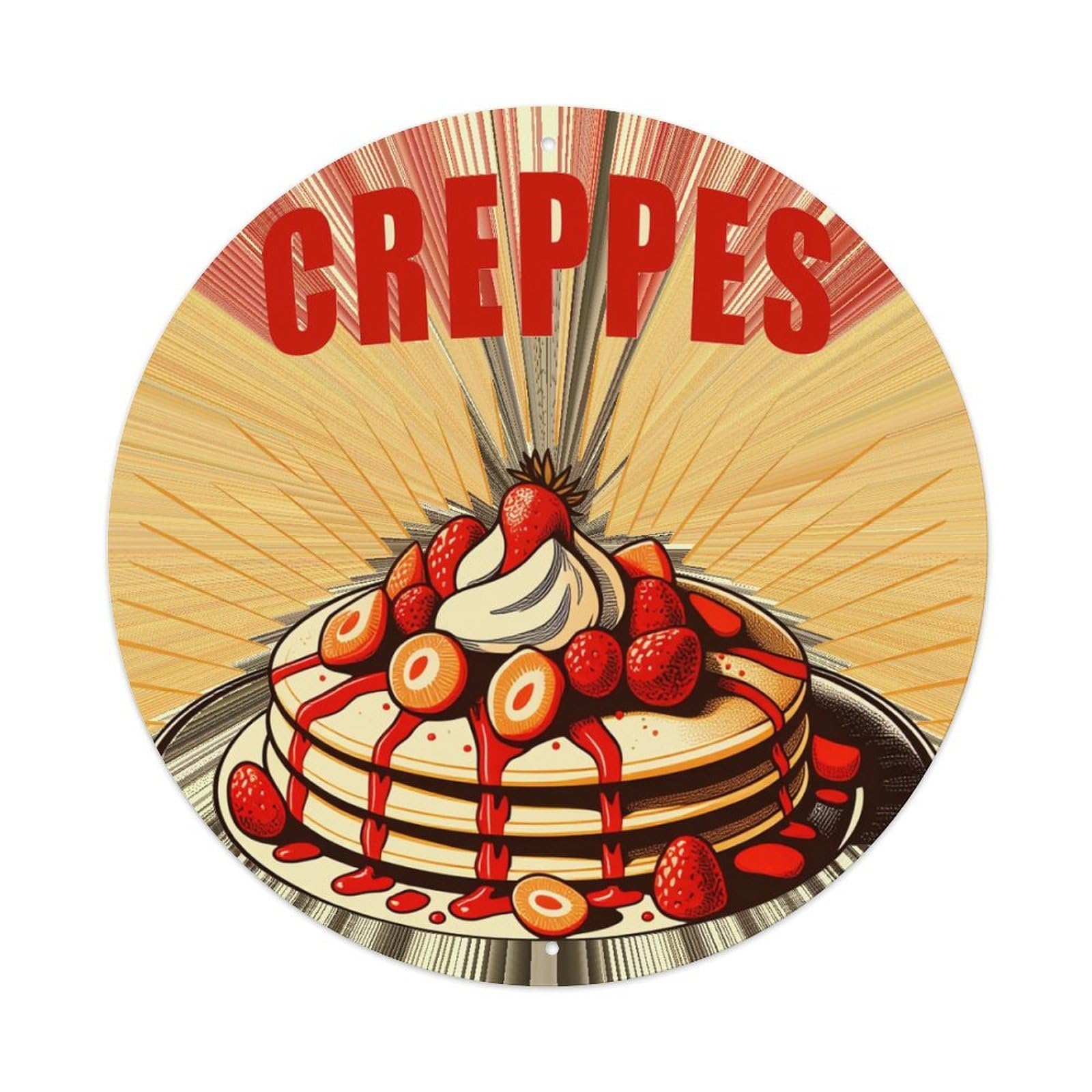 Crepes With Strawberries And Cream Round Tin Sign Retro Metal Sign for Cafe Bar Pub Home Game Room Gym Club Wall Decoration Vintage Metal Poster 8x8 Inch