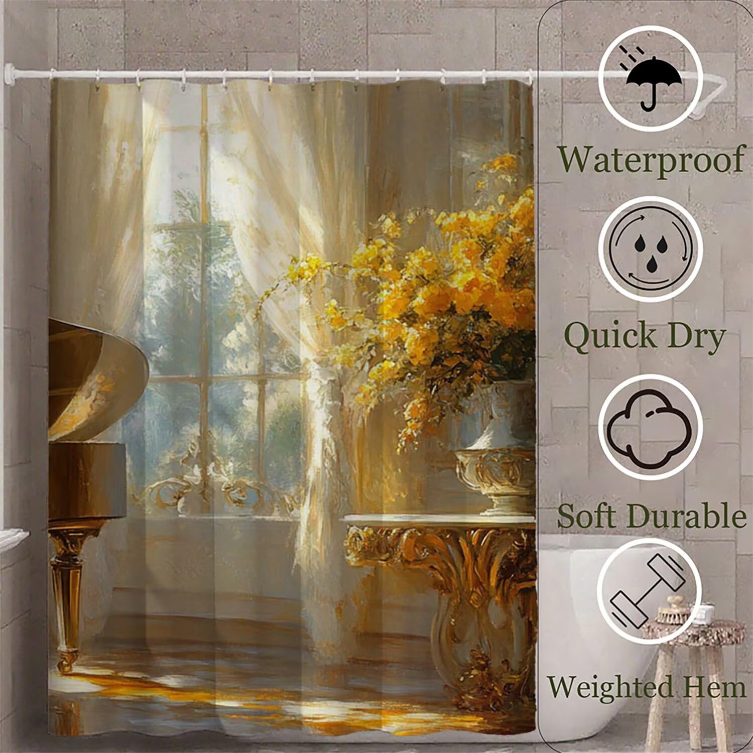 Duschvorhang Retro Shower Curtains Klavier Duschvorhang 180 x 240 cm mit 12 Haken,Wasserdicht Shower Curtains,Beschwerter Saum,Waschbar Polyester Stoff Badevorhänge mit Ösen für Badezimmer Deko G-512