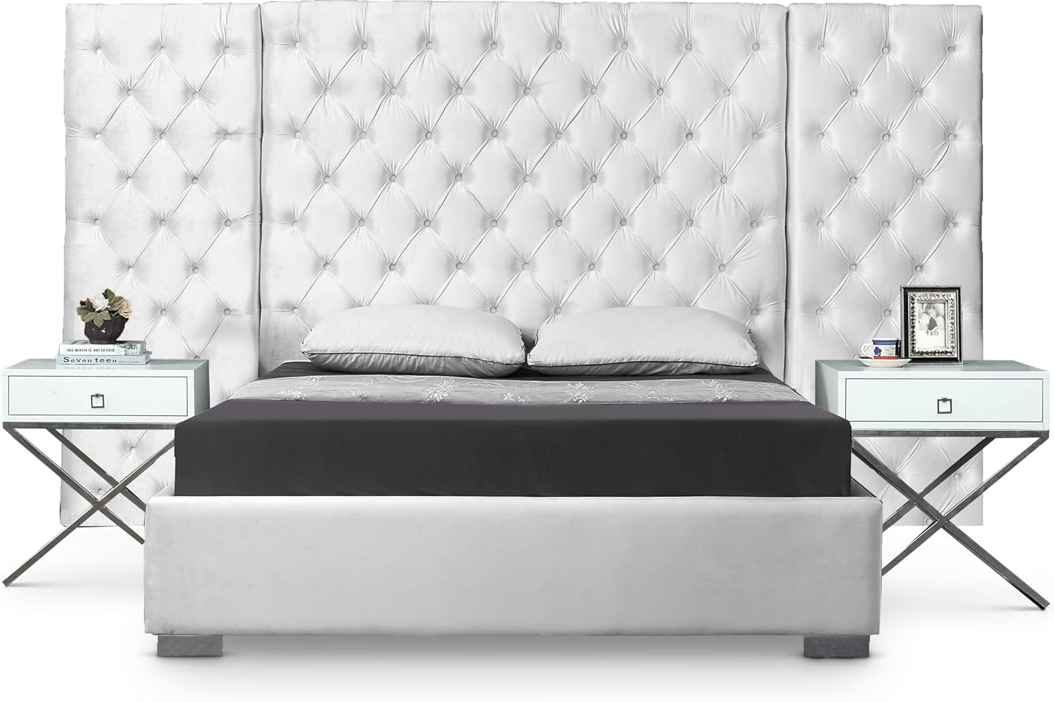 Meridian Furniture Grande Collection Modern | Contemporary Velvet Upholstered Bed with Luxurious Deep Button Tufting and Stainless Steel Legs in Polished Chrome Finish, White, King
