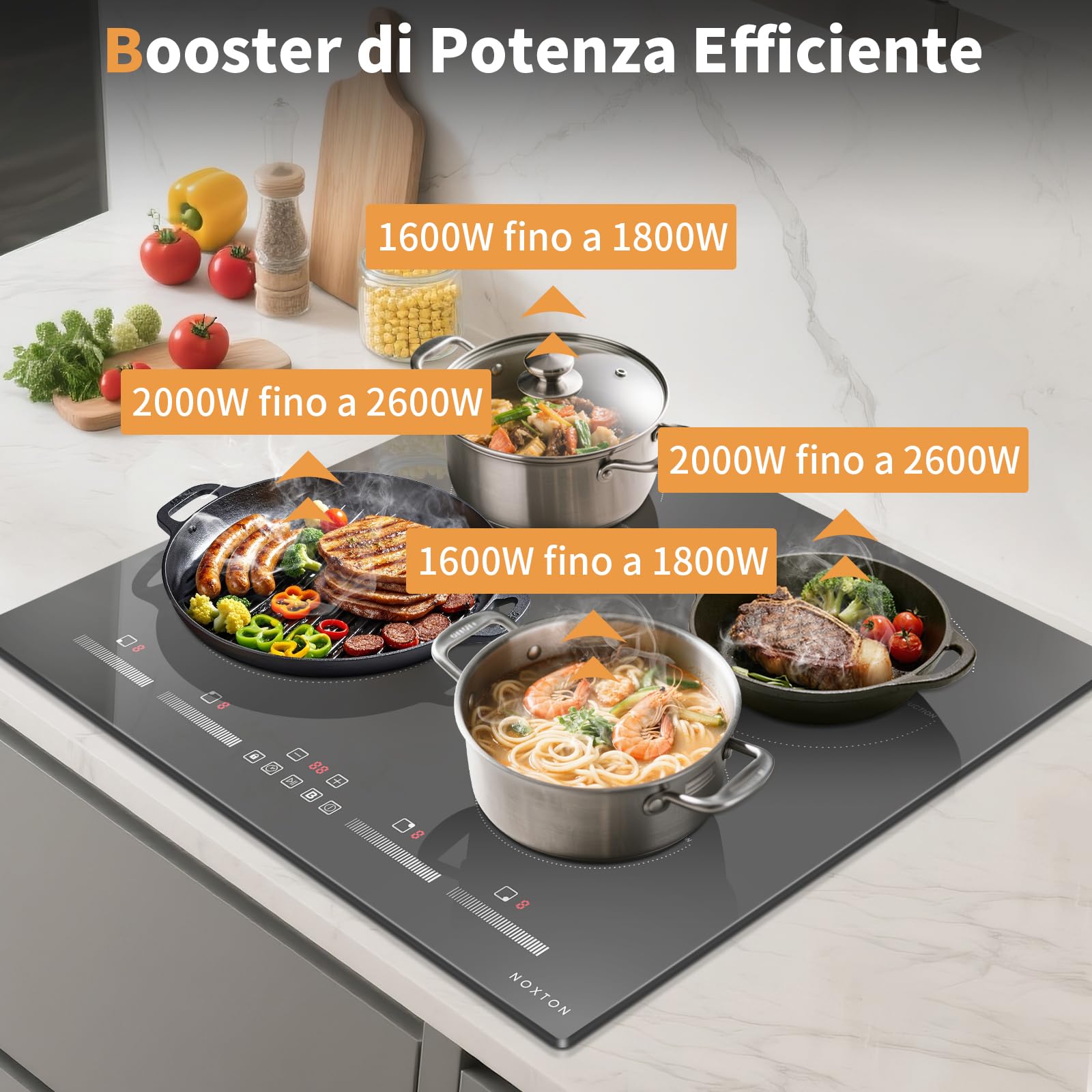 NOXTON Płyta Indukcyjna 60 cm do Zabudowy z Funkcją Booster, 4 Palniki z Suwakiem, Timer, Zabezpieczenie Przed Dziećmi, Pauza, 220-240 V, 7200 W
