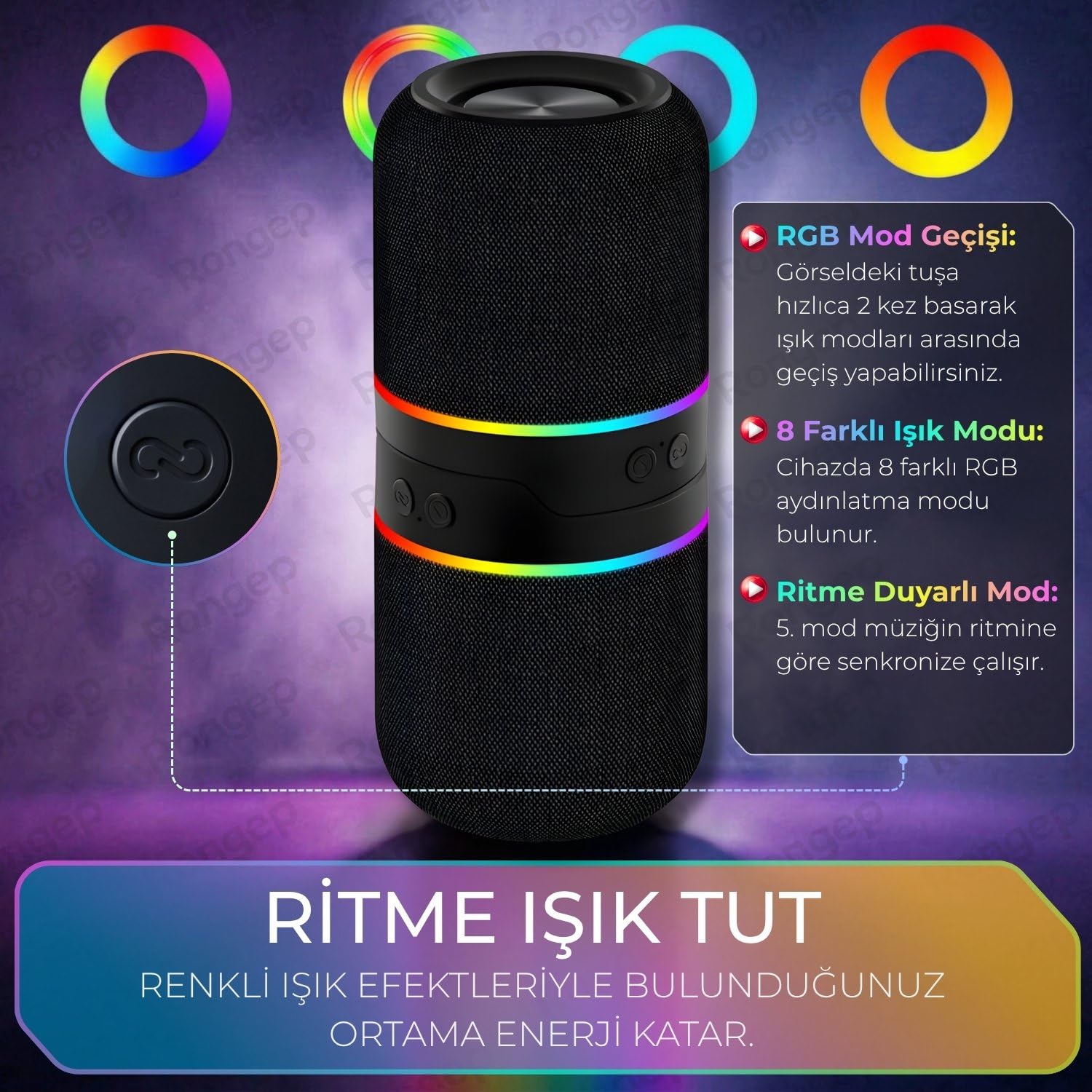 Rongep Taşınabilir Bluetooth Hoparlör Sound-Twin 10W TWS Stereo [Manyetik Özellikli] İki Parçaya Ayrılabilen RGB Işıklı IPX6 Suya Dayanıklı Type-C Şarjlı Kablosuz Speaker (Siyah)