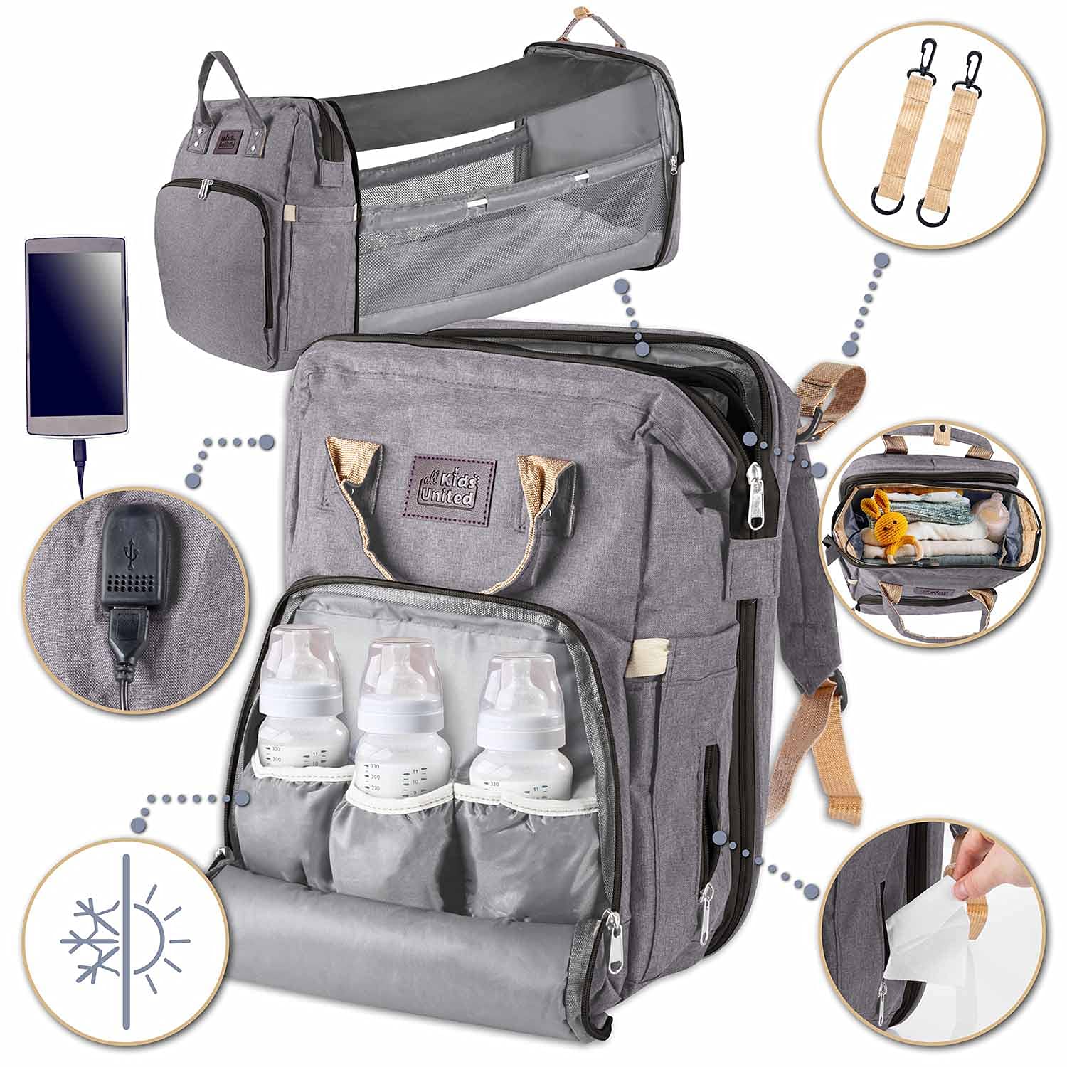 all Kids United® Baby Changing Backpack Deluxe with Cot - Juego de bolso cambiador para bebés: mochila para bebés, cambiador, cuna integrada, gancho para cochecito (Gris)