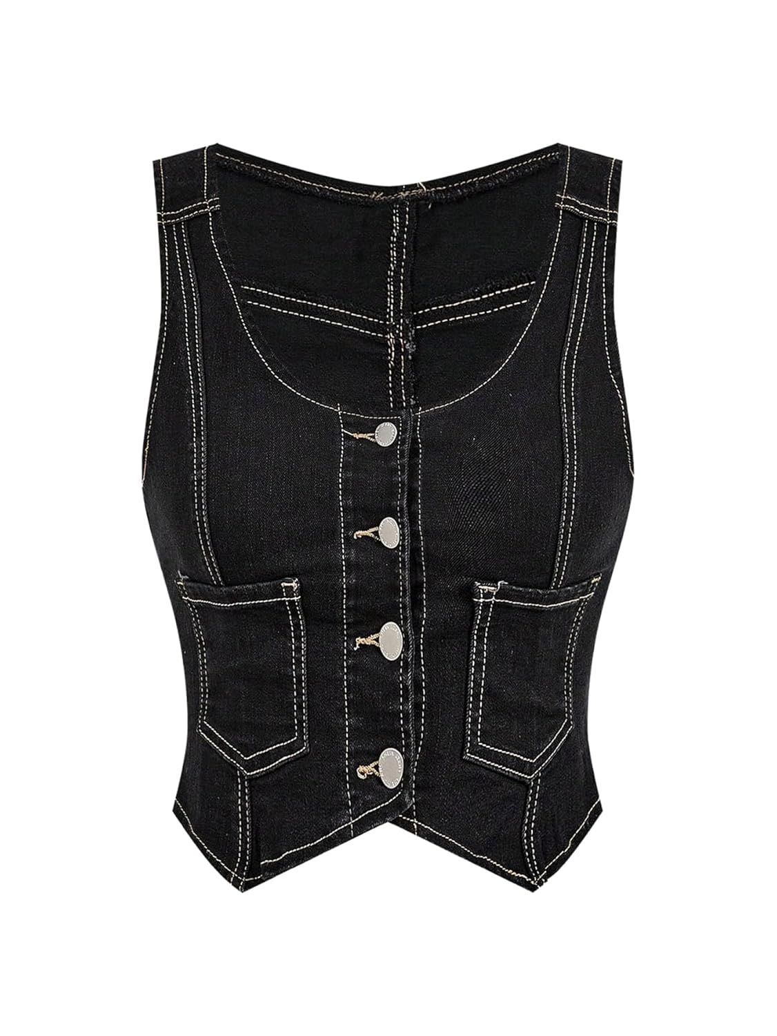 OYOANGLE Womens Button Front Denim Vest Tank Top Scoop Neck Sleeveless Jean Waistcoat