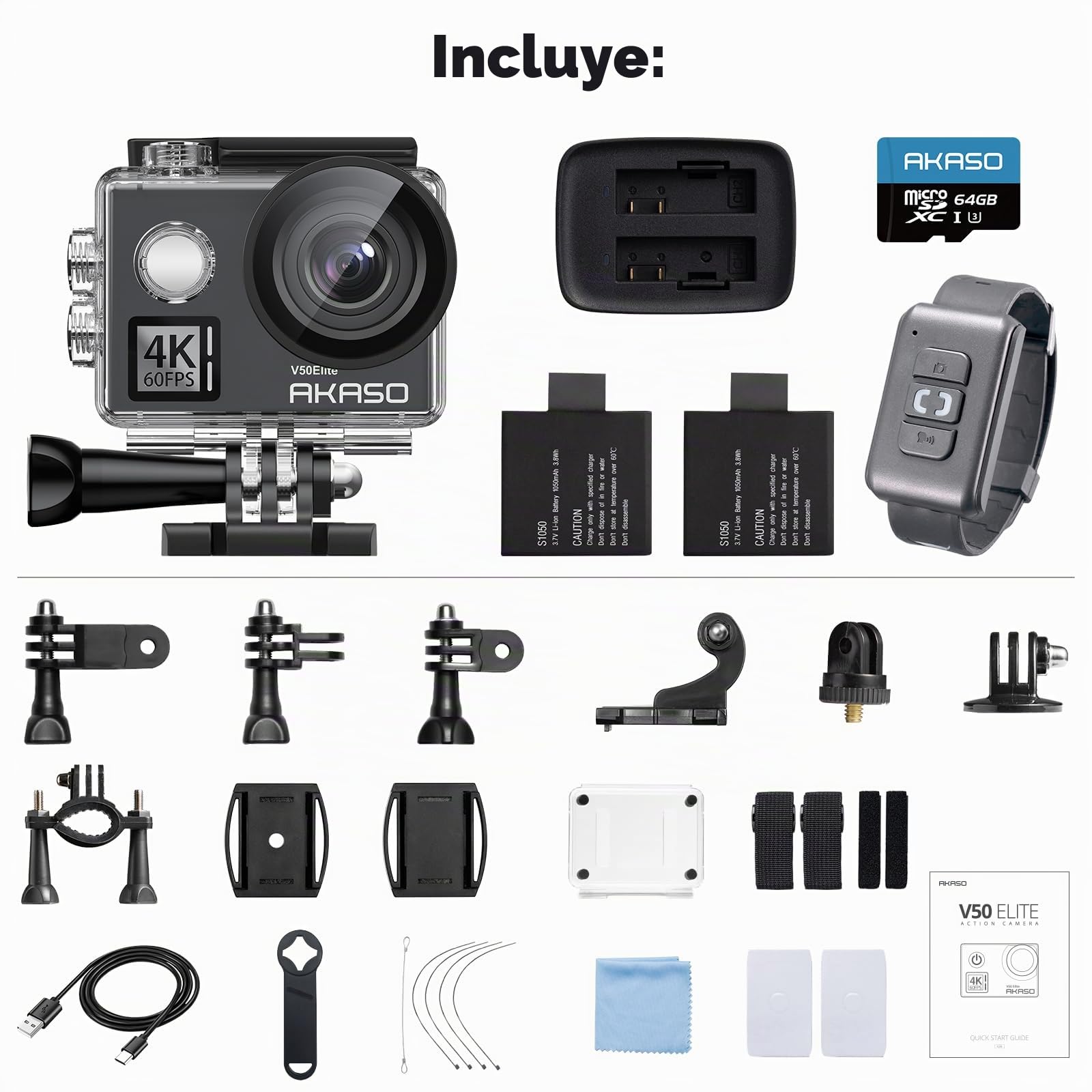 AKASO V50 Elite Cámara Deportiva 4K WiFi 20MP con Tarjeta de Memoria MicroSDXC de 64GB, Cámara de Acción con EIS Pantalla Táctil, Camara Acuatica Sumergible con 8X Zoom 2 Baterías Multi Accesorios