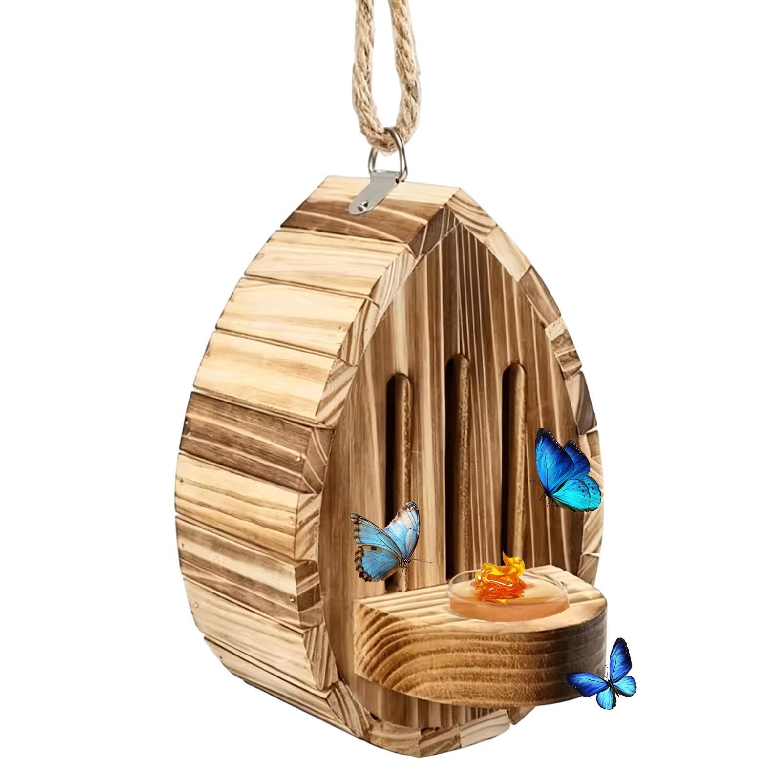 Teardrop Shaped Wooden Butterfly House, Hanging Butterfly Habitat & Feeder With Puddler, Weatherproof Garden Yard Decor, For Yard Grassland Pathway Driveway
