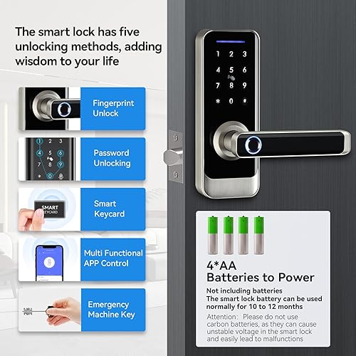 Miniatura 2 de Cerradura de puerta delantera inteligente con manija de palanca, teclado de entrada sin llave, cerrojo de huella dactilar, control de aplicación,