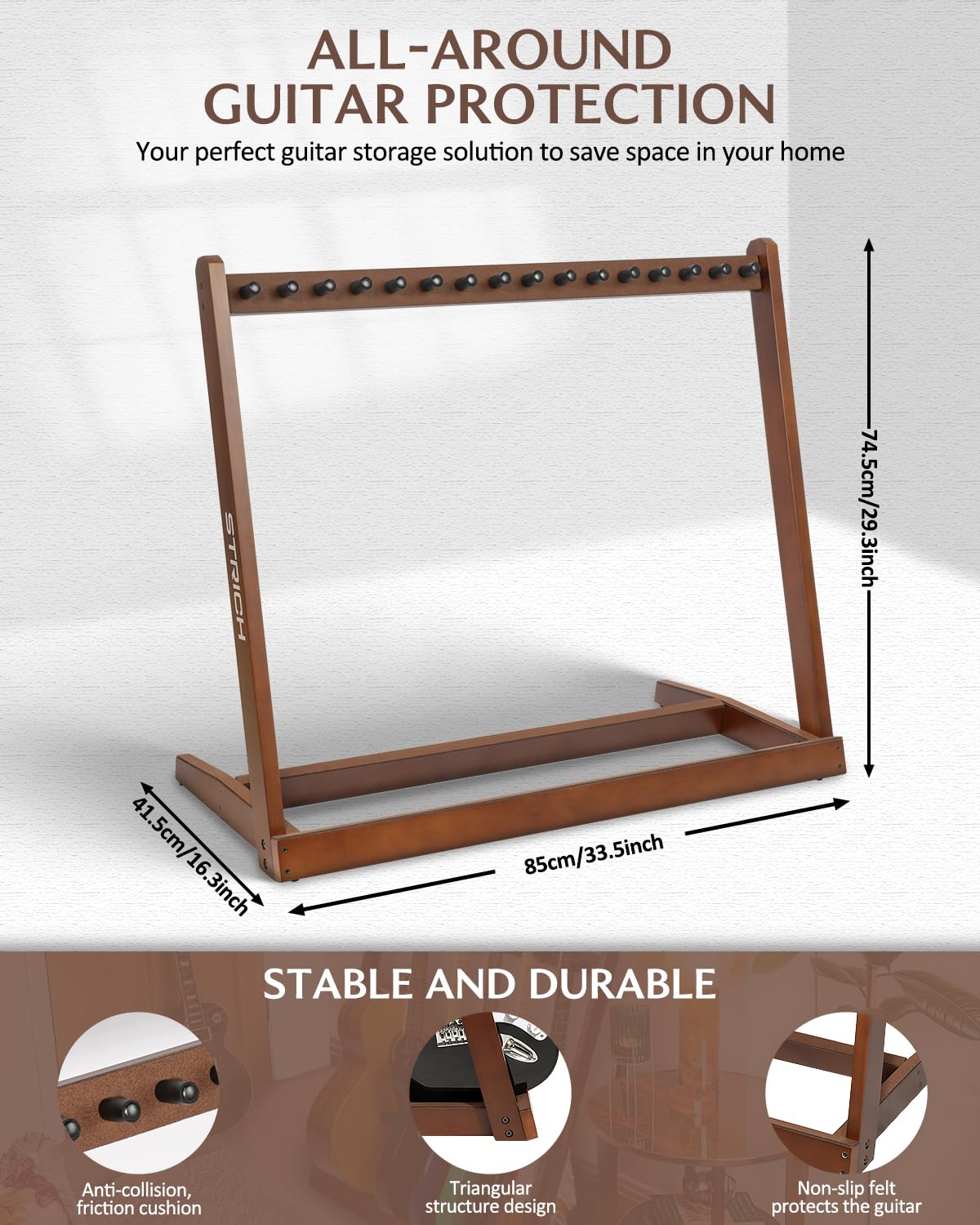 STRICH Soporte de Guitarra de Madera Múltiples Guitarras, Soporte de Guitarra para 5 Guitarras Acústicas o 8 Eléctricas y Bajos, Soporte de Piso para Múltiples Guitarras para Estudio y Hogar