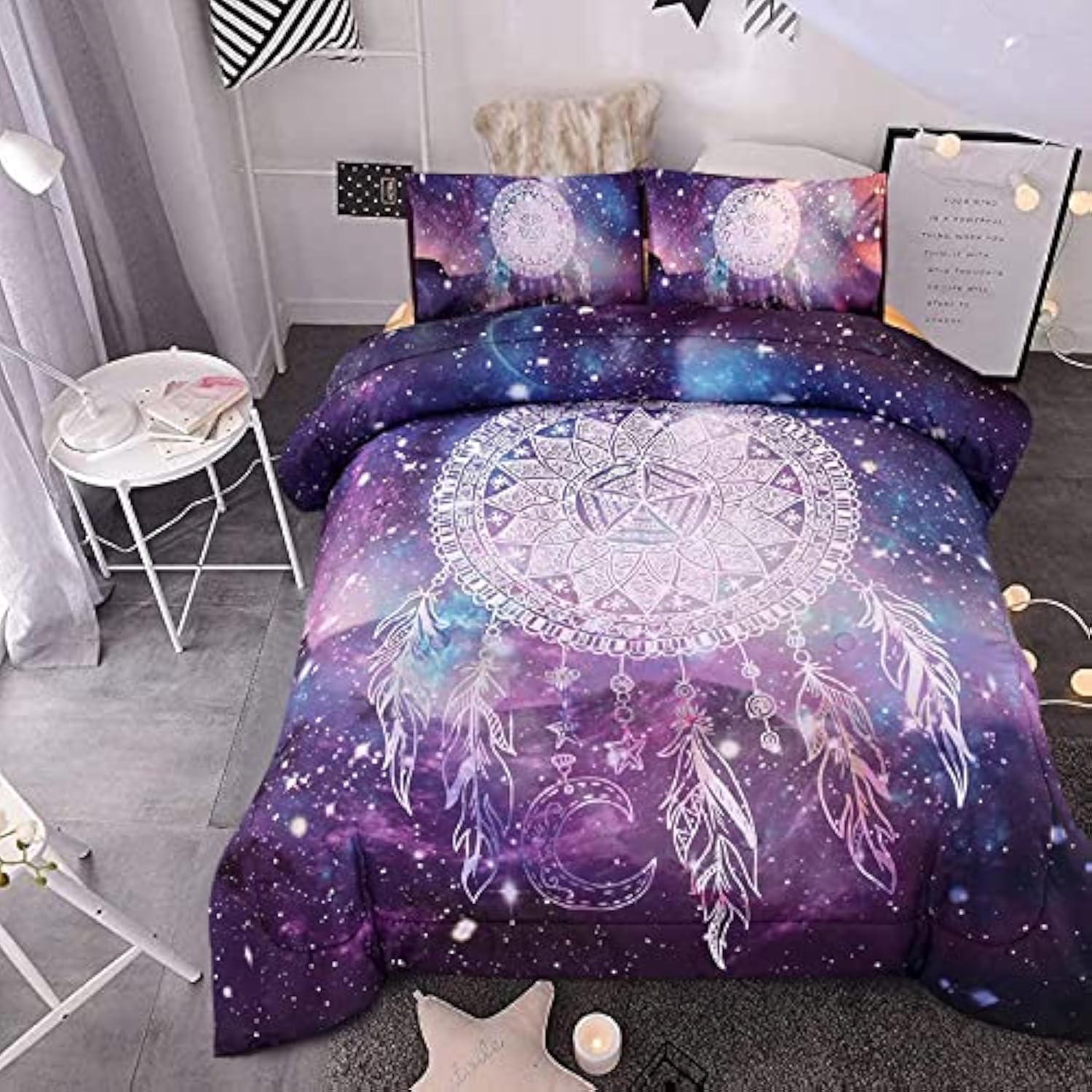 Meeting Story 3Pcs Galaxy Dream Catcher Mandala Bohemian Quilt Bedding Comforter Set for Teens Girls Adults (Galaxy-Purple, Queen)