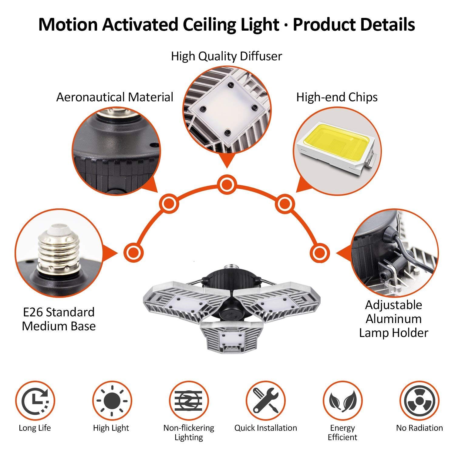 OMTO Deformable Garage Led Light High Intensity Mining Lamps 60W 6000LM Adjustable Ceiling Light Garage, Warehouse,Attic,Workshop,Basement. (3000K Warm White, Silver Ordinary Version)