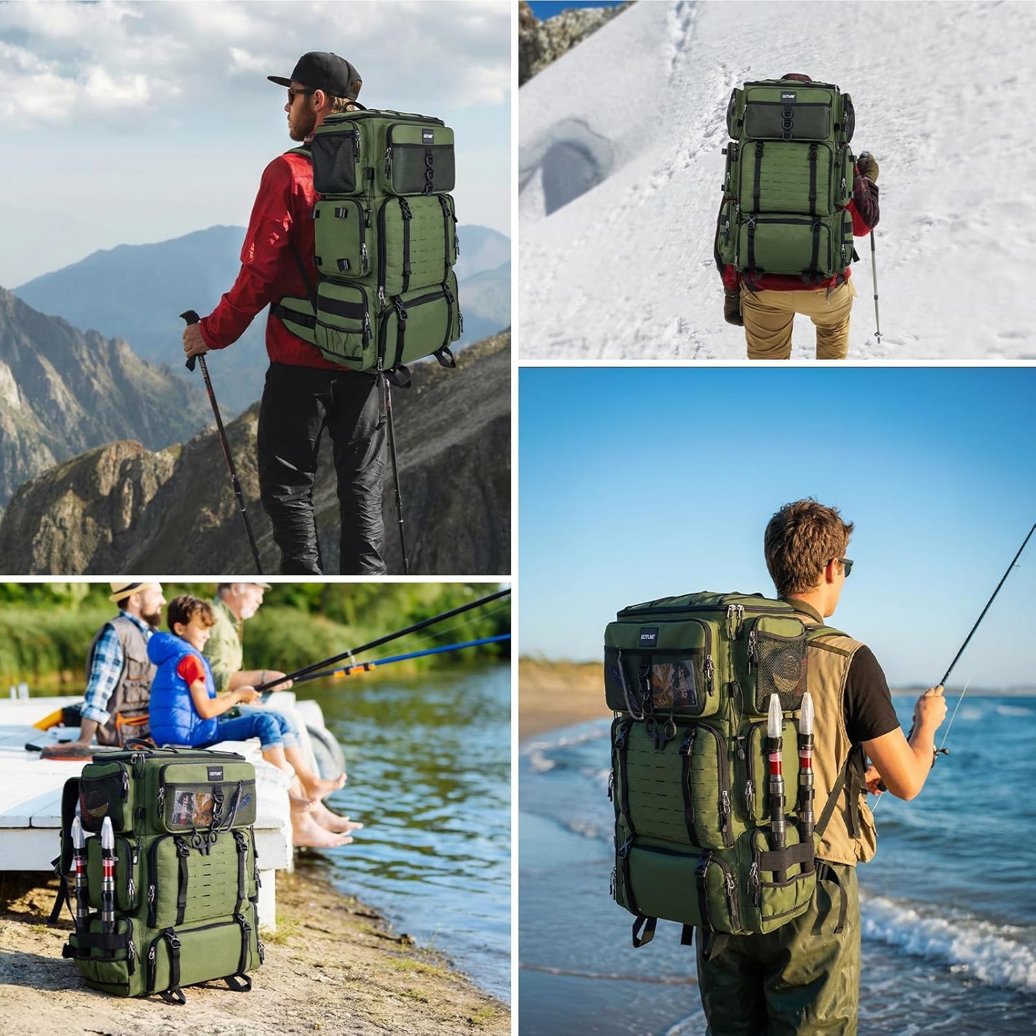 Goture Zaino da pesca da 72 l, con borsa termica (16 l), scomparto asciutto e bagnato, scomparti regolabili, borsa impermeabile per attrezzi da pesca, campeggio, escursionismo, Verde Militar, Zaino