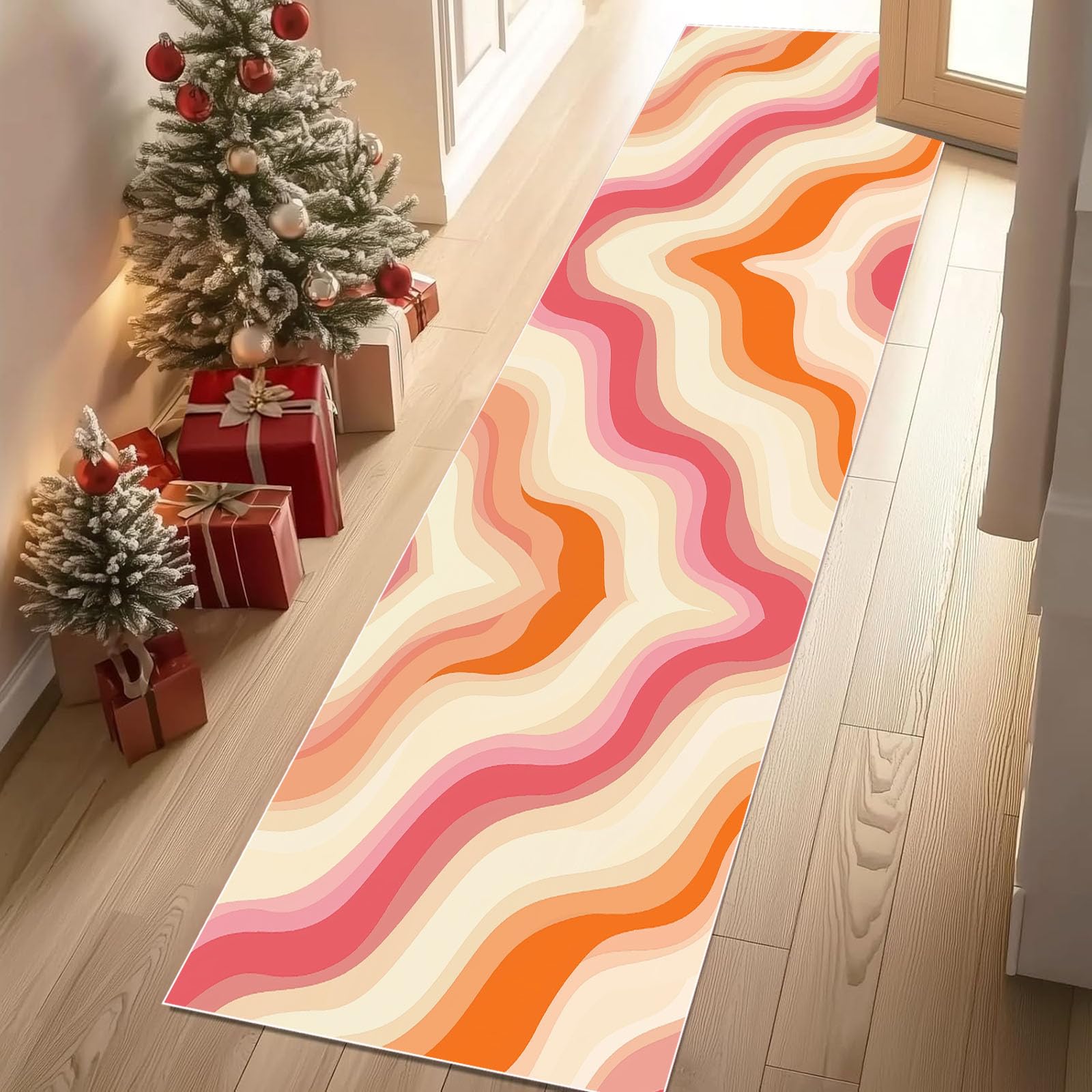 Rosa Orange Gradient Teppichläufer rutschfest Waschbar 60x180 cm, Welle Streifen Küchenteppich Flurteppich Teppich Läufer für Flur, Eingangsbereich, Küche, Wohnzimmer