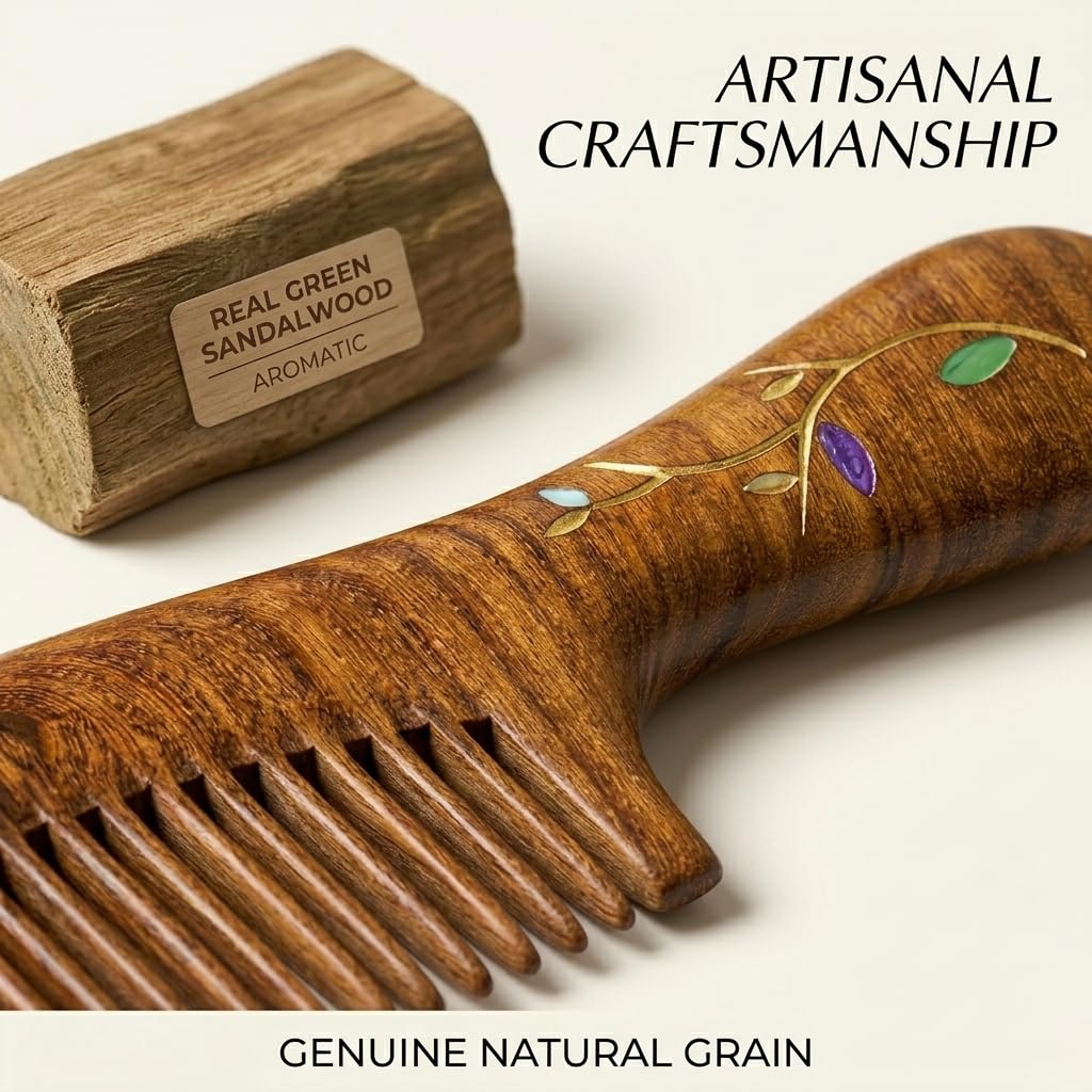 Peine de madera de sándalo, hecho a mano, peine de madera de sándalo, antiestático, peine de pelo de dientes finos para mujeres, peine para barba, buen regalo (Forever Young)