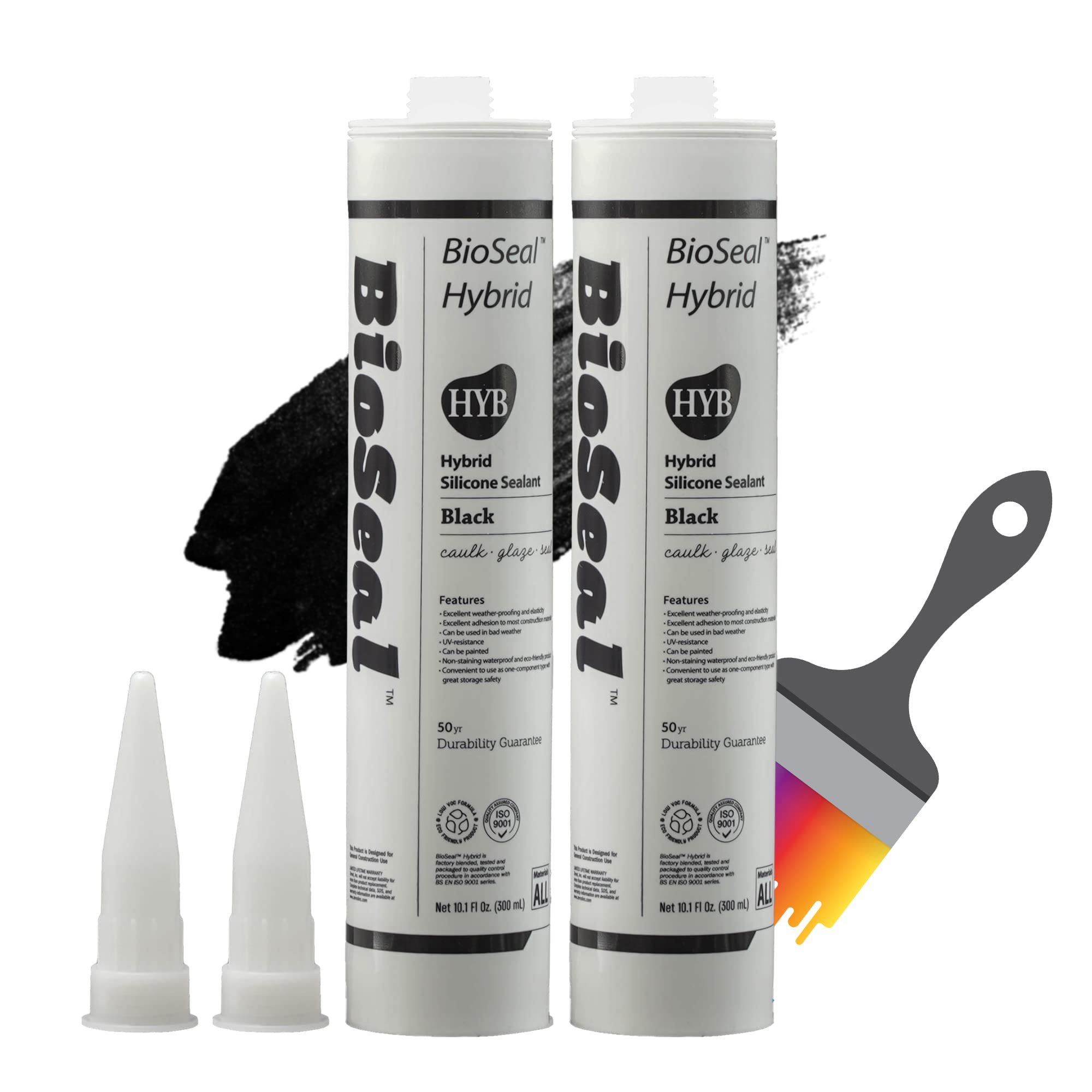 Black Paintable Hybrid BioSeal Silicone Sealant Caulk Paintable Waterproof 10.1 oz Black Caulking Silicone Adhesion for RV/Auto/Metal/Glass for Leak Sealing - Pack of 2