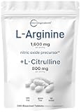 L-Arginine 1,600mg Nitric Oxide Supplement for Men with L-Citrulline, 240 Bisected Tablets | Nitric Oxide Precursor | Muscle, Energy, & Heart Support | Non-GMO, Gluten Free - 4 Month Supply