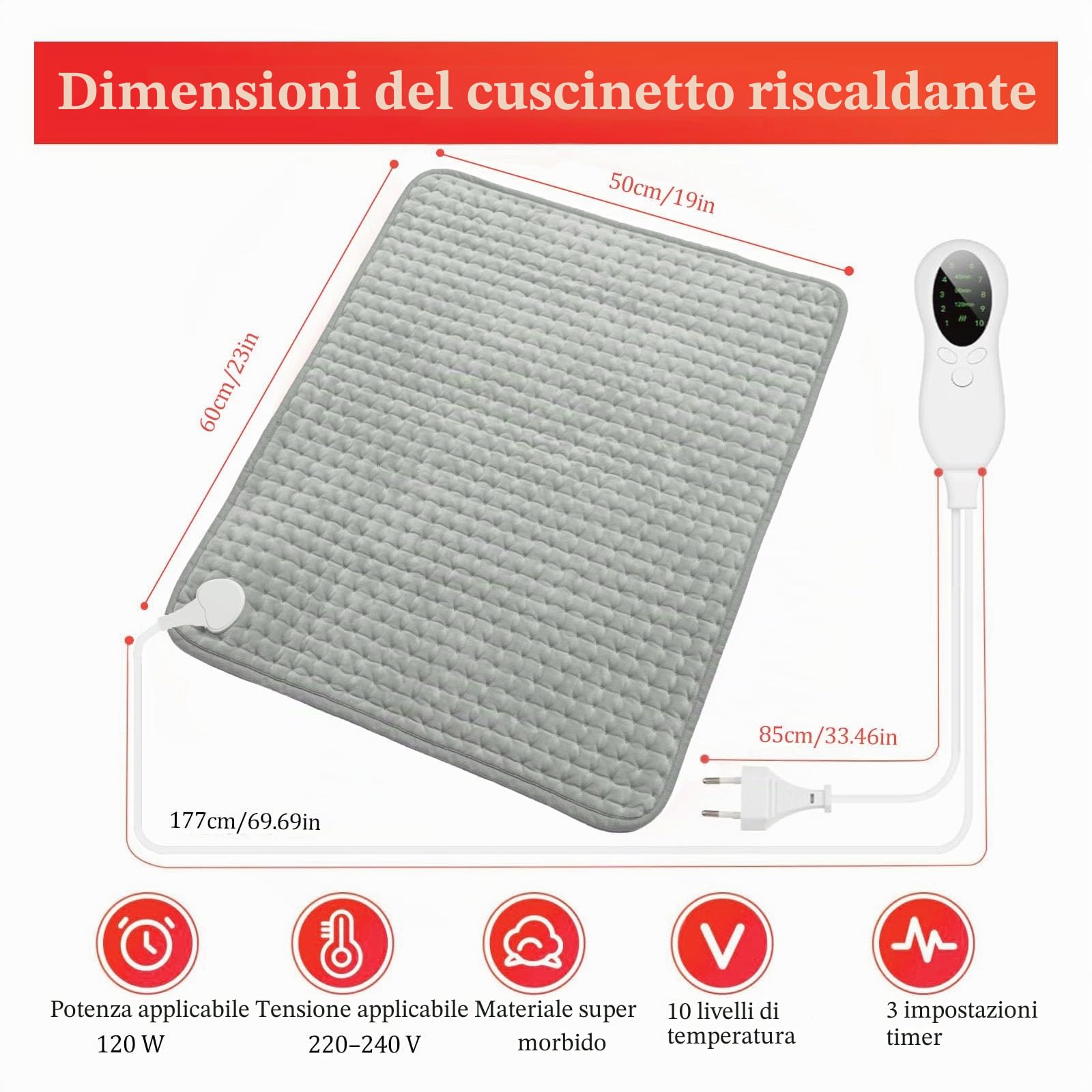 CYFIE Cuscino riscaldante XL riscaldante elettrico 50 x 60 cm, 10 livelli addome con controller, e cuscino riscaldante elettrico rapido per schiena, collo, spalla, lunghezza del cavo 250 cm